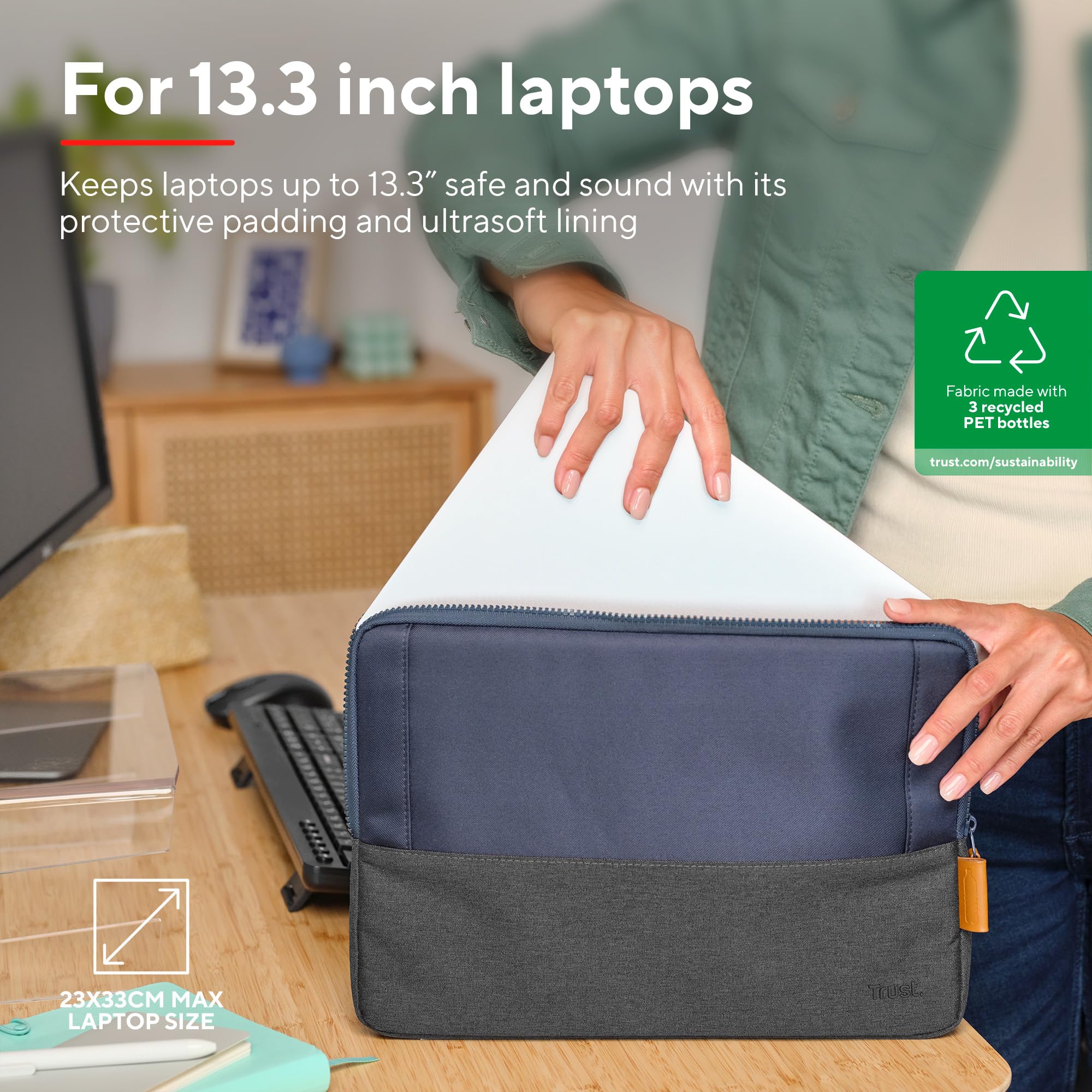 Trust Lisboa Laptop Sleeve 13.3 inch, Made from Recycled Plastic, Durable Slim Padded Laptop Case Cover for Men, Women, College, MacBook, HP, Dell, Asus, Lenovo, Travel, Work, Business - Blue