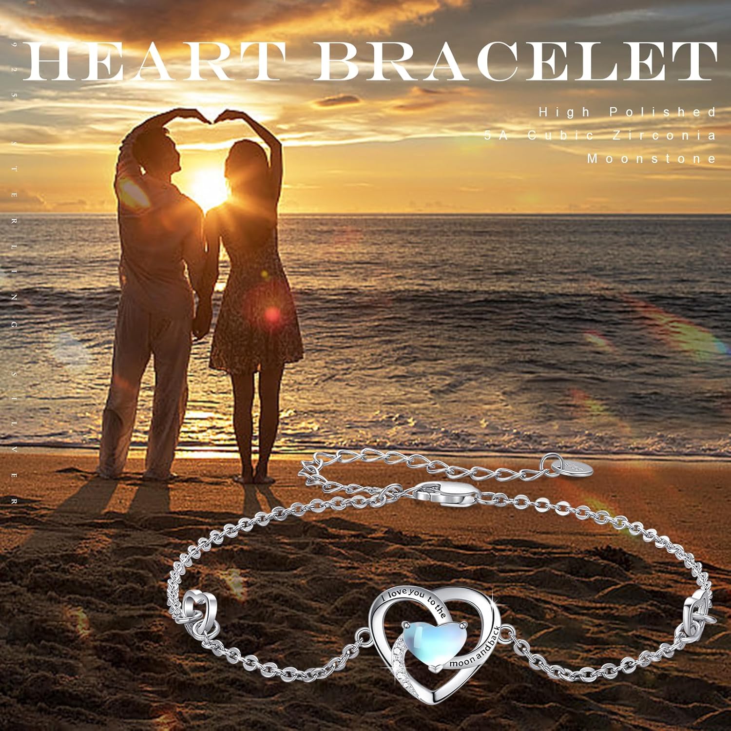 Cuoka I Love You to The Moon and Back Bracelet 925 Sterling Silver Heart Adjustable Bracelet Jewelry for Women with Gifts Box