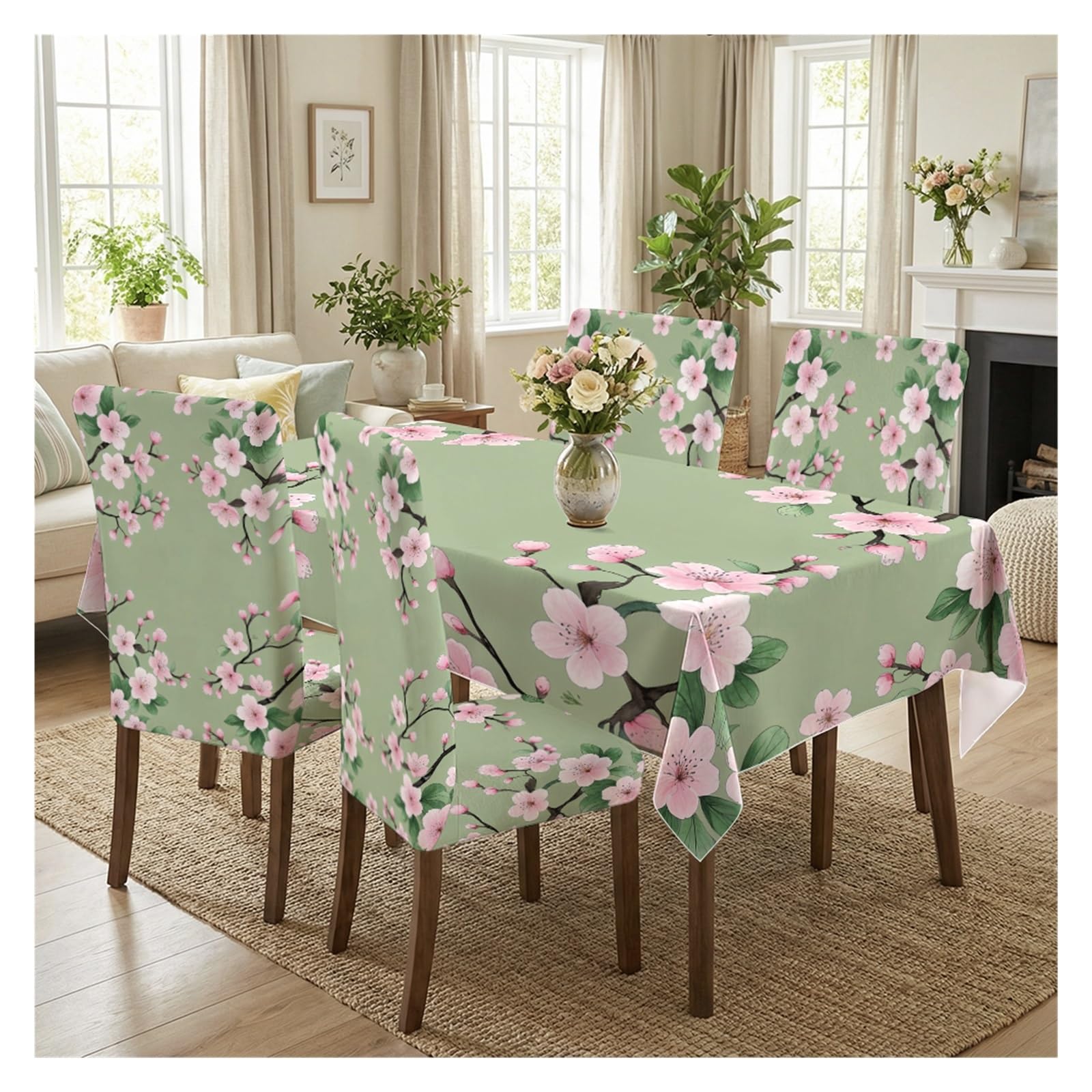 KXUAUV Cherry Blossom Floral Print Tablecloth & Chair Covers Set, Slipcovers For Dining Room, Kitchen, Spring & Casual Decor, 5/7 Pack Party Decor(5pcs Set: Tablecloth+Chair Covers)