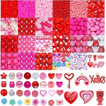 1645PCS+ Valentines Day Beads for Jewelry Making Pink Red Rose Red Heishi Pearl Heart Letter Round Loose Beads with Love Heart Key Rainbow XOXO Pendants for DIY Necklace Bracelets Making Kit