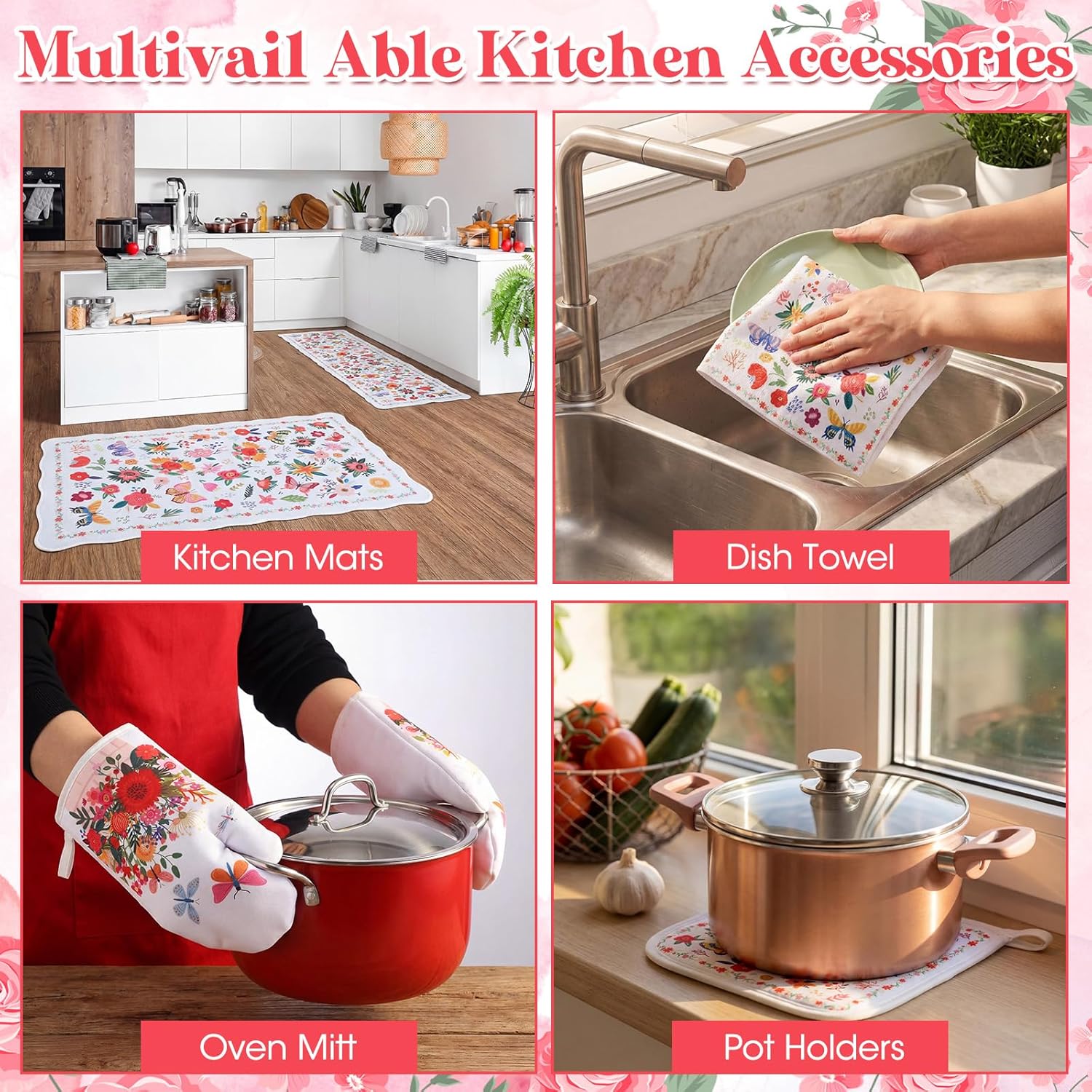 Zhehao 10 Pcs Flower Kitchen Sets Kitchen Towels, Scalloped Rugs, Oven Mitt and Potholder Set Farmhouse Floral Decor Boho Accessories for Floor Home Decorations Accessories Mom Gifts
