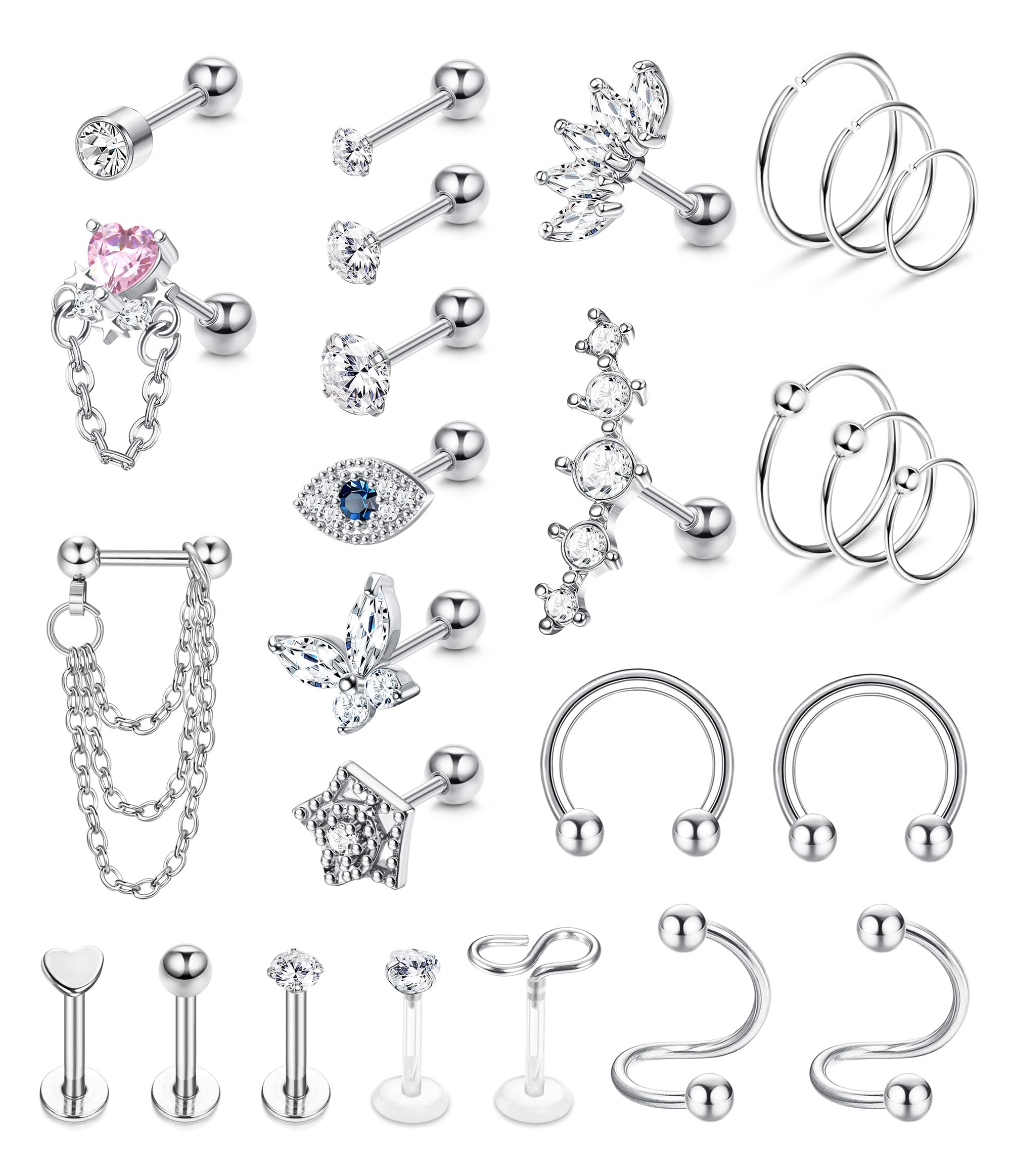 JeweBella26 Piezas 16G Piercing Oreja Cartilago Acero Quirúrgico para Mujer Hombre Tragus Helix Piercing Pendientes Cartilago Piercing Labio Nariz Aro Conch Tragus Piercing Joyería