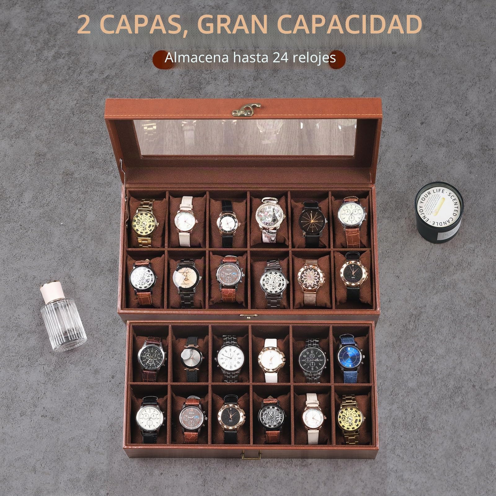 AUTOARK Caja organizadora de piel y terciopelo con 24 compartimentos para relojes, joyero con tapa de vidrio, cajón con cerradura, cojines extraíbles para relojes, color café, MKAW033