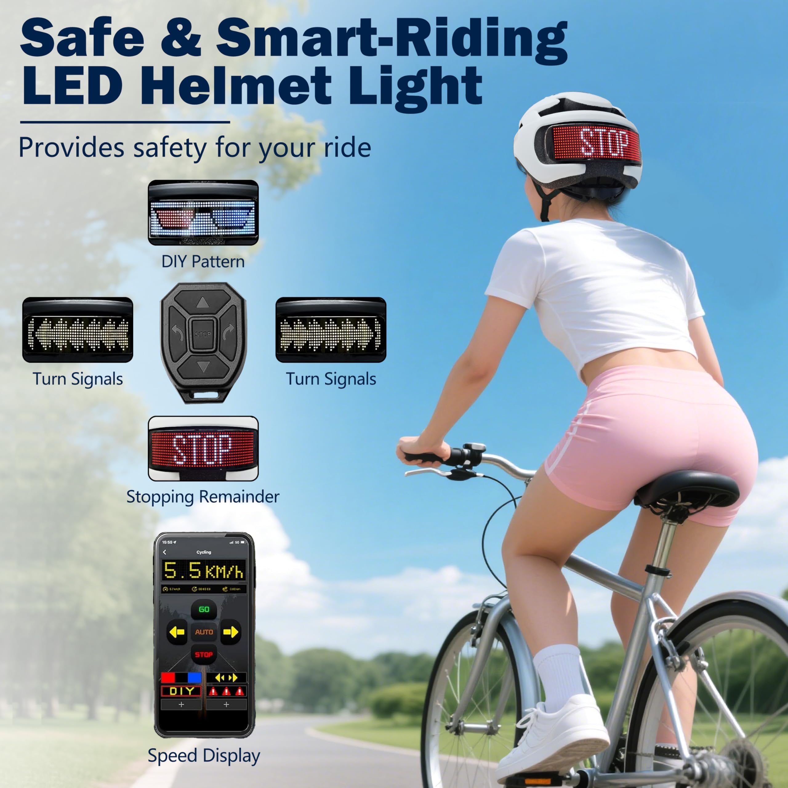 Fahrradhelm mit LED-Blinkern (Smart-App-Programmierung) – Erwachsene-, Jugend-, Stadt-, Pendler- und E-Bike-Helm (58-61 cm)