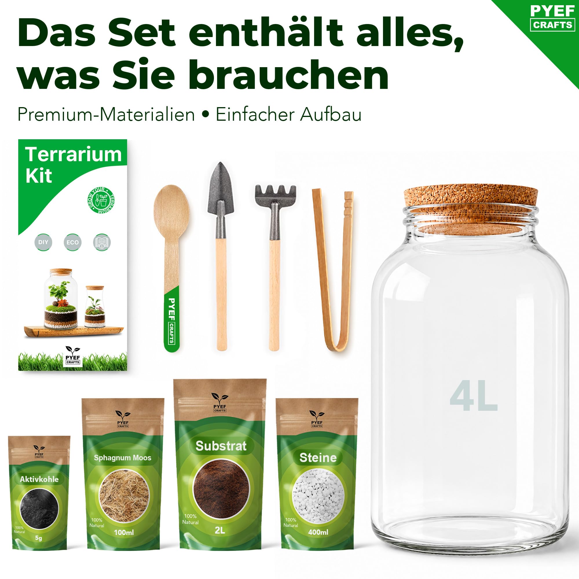 Flaschengarten Komplettset XL für Ökosystem im Glas - 4L Terrarium Pflanzen für Biotop Im Glas - Biosphäre Terrarium Set - Kit Ohne Pflanze (Flaschengarten Groß 4L)