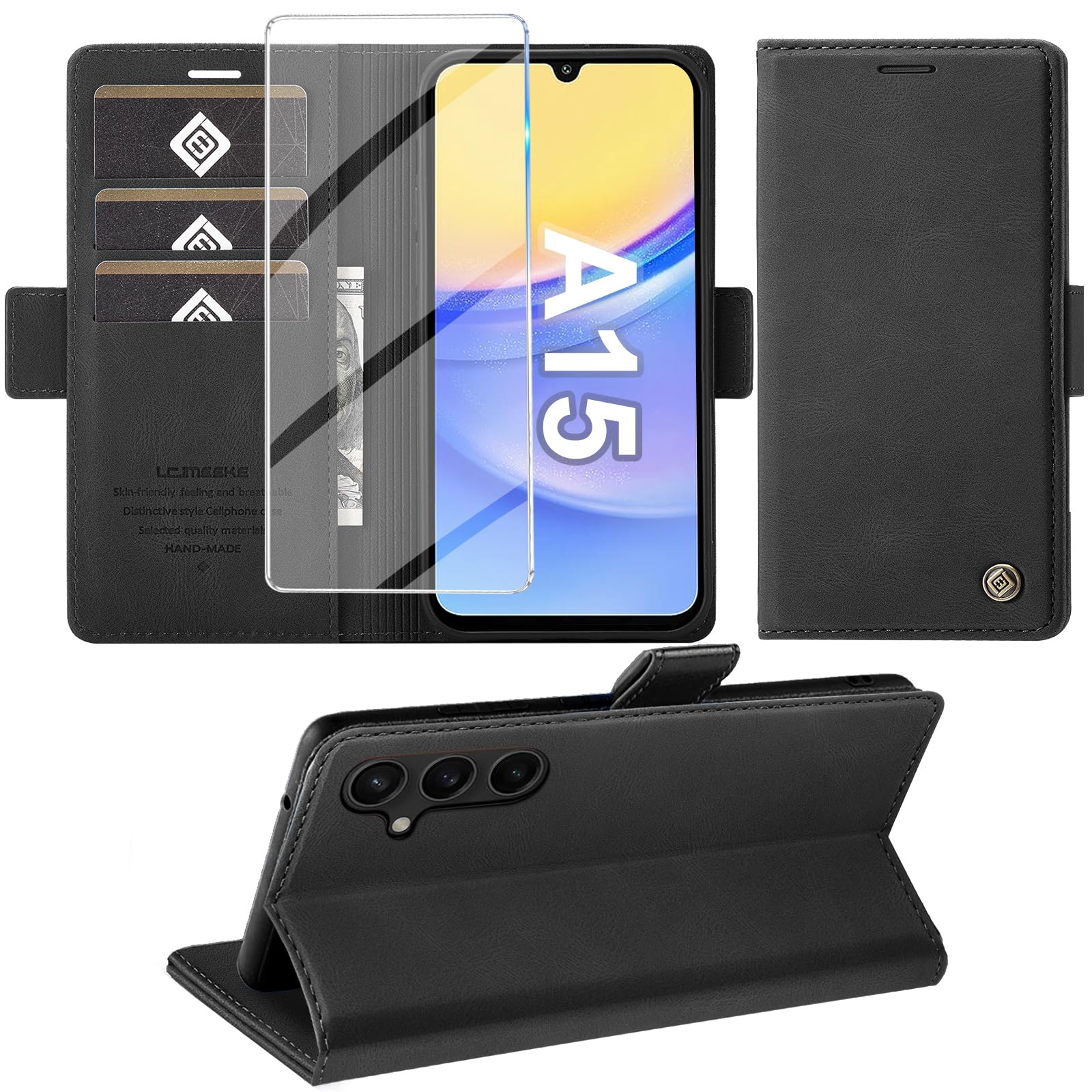 Giyer Cover per Samsung Galaxy A15 5G Custodia con Vetro Temperato, Premium Pelle PU Portafoglio Slot per Scheda RFID Antifurto Funzione Supporto Flip Case, Antiurto per Samsung A15 5G Cover (Nero)