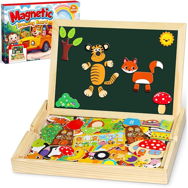 Jojoin 130 pcs Puzzles de Madera - 2024 Nueva Juguetes Montessori con Pizarra Magnética y Lindo Patrón Fruta de Animales - Juguete Educativo para NIños de 2 3 4 Años