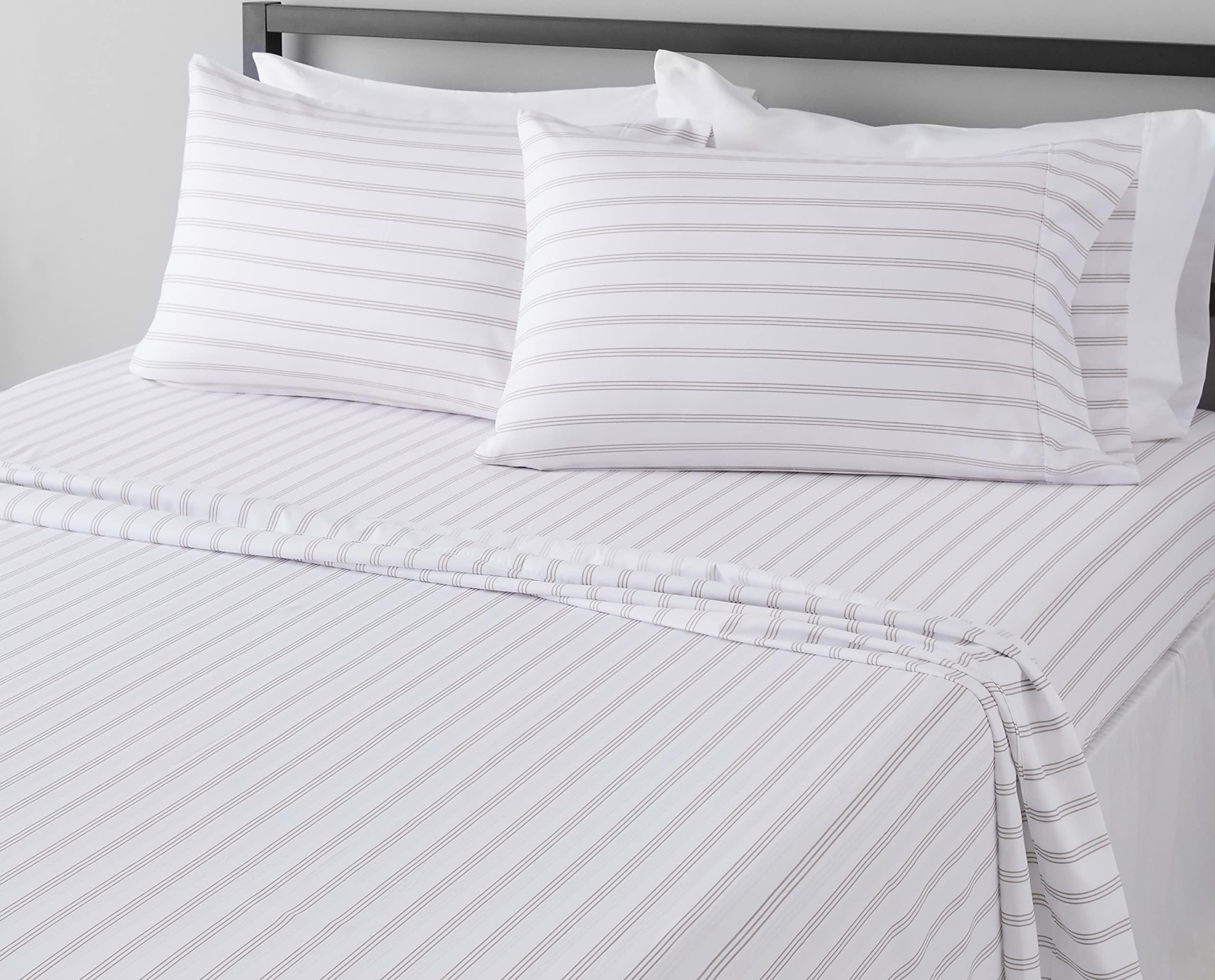 Amazon Basics Lightweight Breathable Brushed Microfiber 4-Piece Bed Sheet Set, Wrinkle Resistant with 14-Inch Deep Pockets, Queen, Taupe Stripe Taupe Stripe Queen