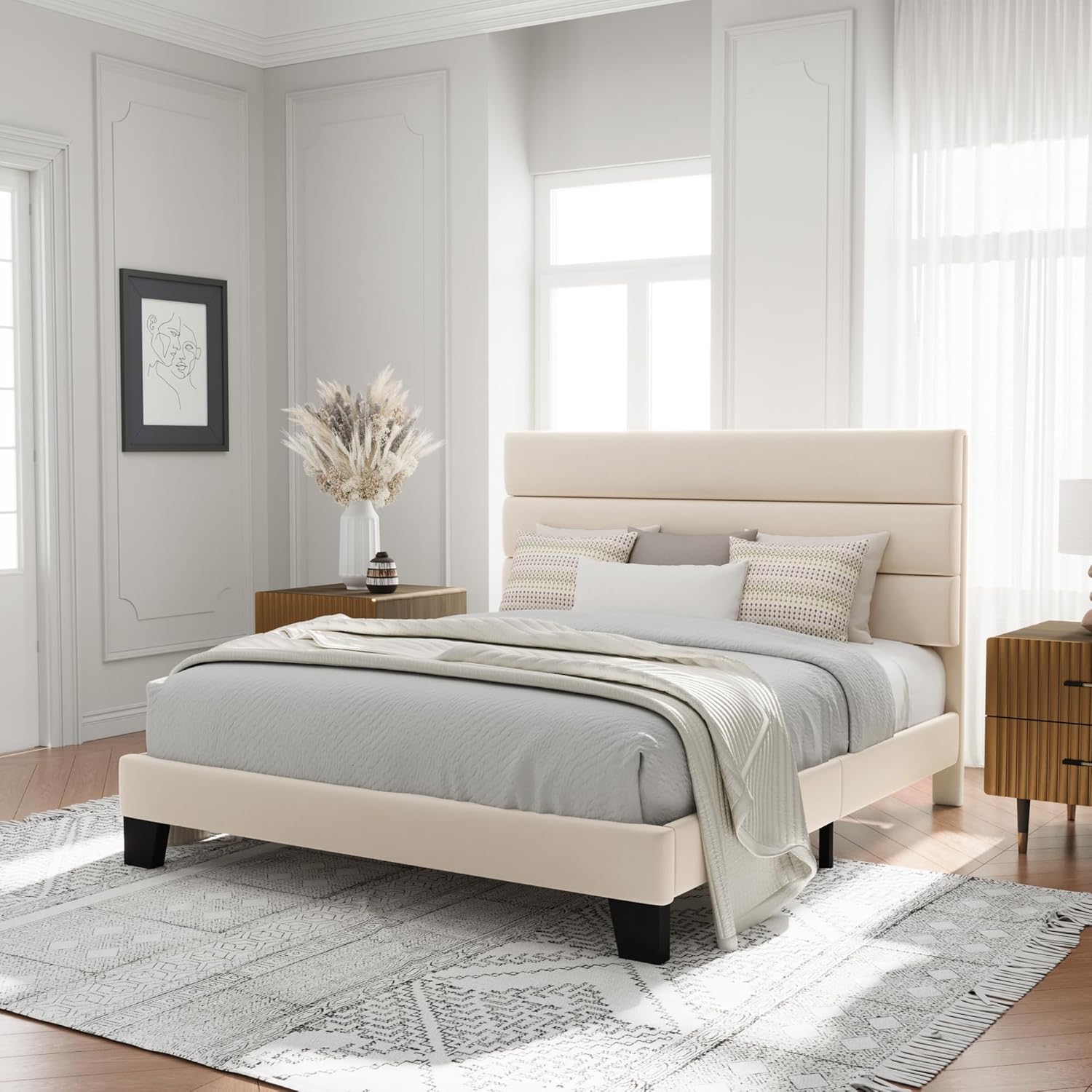 Allewie Queen Size Platform Bed Frame with Velvet Upholstered Headboard and Wooden Slats Support, Fully Upholstered Mattress Foundation/No Box Spring Needed/Easy Assembly, Cream