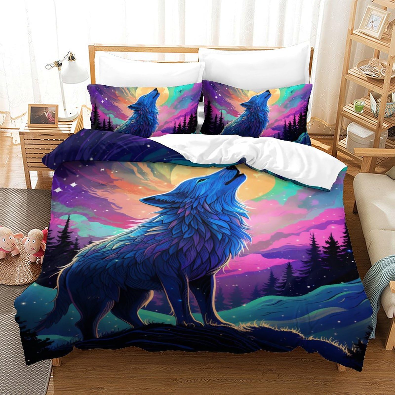 Housse de couette loup 140x200 cm avec taies d'oreiller en microfibre douce pour lit simple