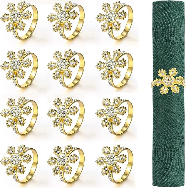 KAHEIGN 12Pcs Christmas Napkin Rings, Gold Snowflake Napkin Holders Xmas Napkin Buckle with Rhinestone for Christmas Lunch Thanksgiving Party Holiday Wedding Table Decoration (4.5cm x 4.5cm)