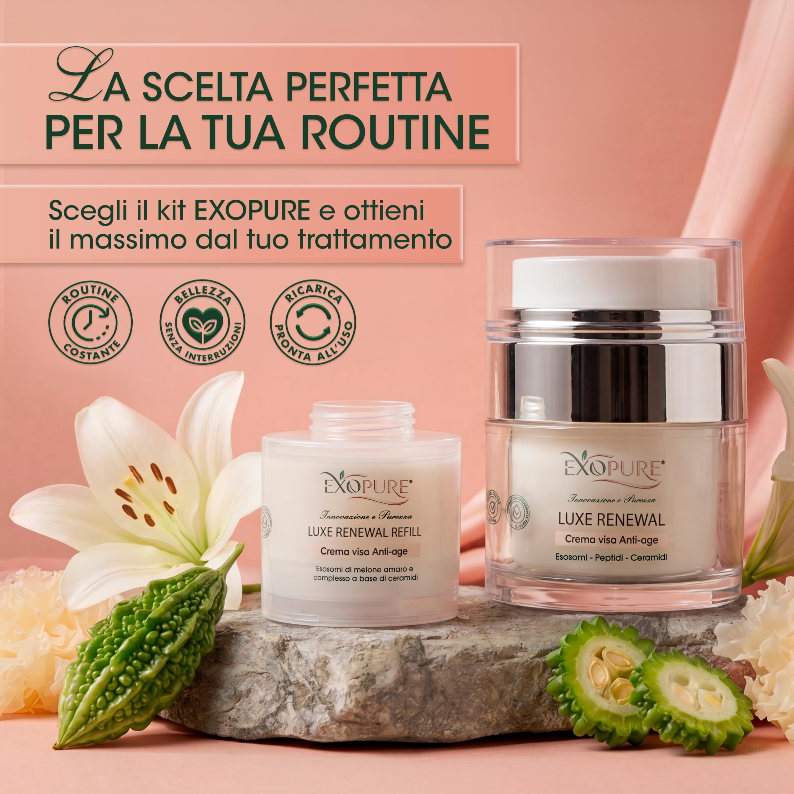 Kit 100ml Crema Viso Antirughe Luxe Renewall (50ml + Refill 50ml) | Con Esosomi di Melone Amaro, Peptidi e Ceramidi | Crema Idratante Viso Uomo Donna | 100% Made in Italy