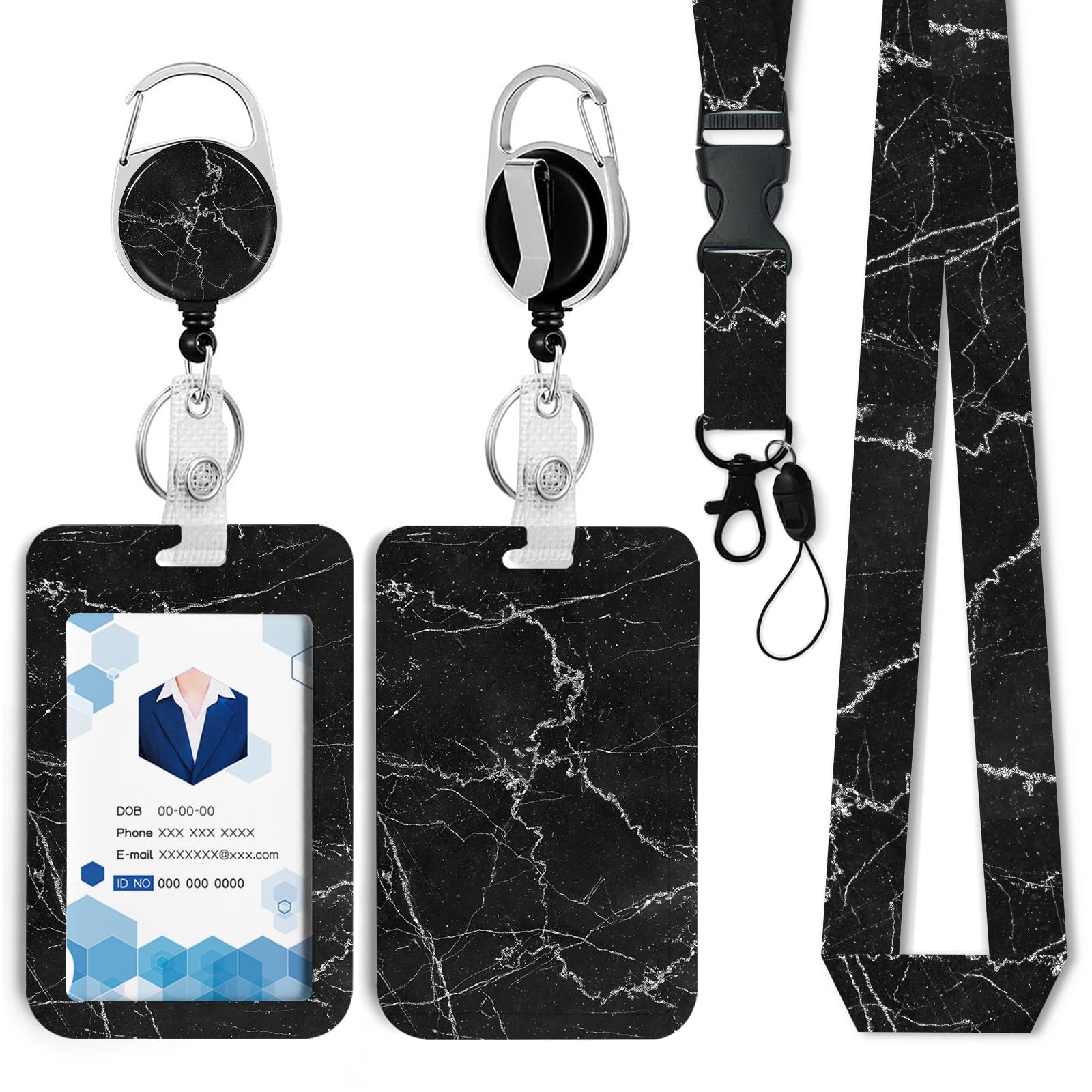 Black Marble Badge Reel with Retractable Reel and Detachable Lanyard, Retractable Badge Reel Heavy Duty Retractable Badge Reel with Detachable Lanyard for School Nurse Office Teen โ image 1