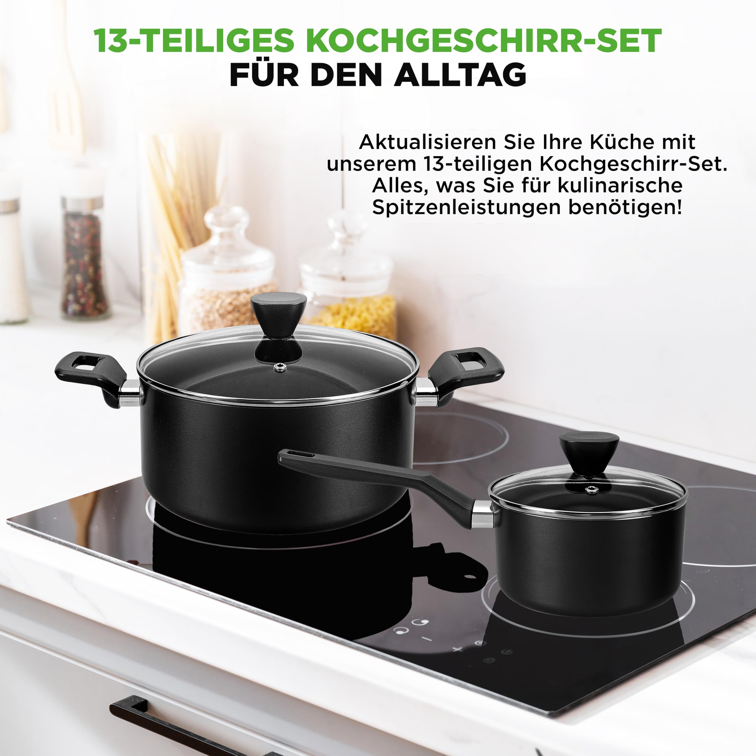 NutriChef Topf und Pfannenset, 13 Teilig- Kochgeschirr Set, Cookware Set- mit durchsichtigen Deckeln, 2x Kochtopf, Bräter, Sauteuse, 2x Bratpfanne, Pastalöffel, Suppenkelle & Pfannenwender, Schwarz