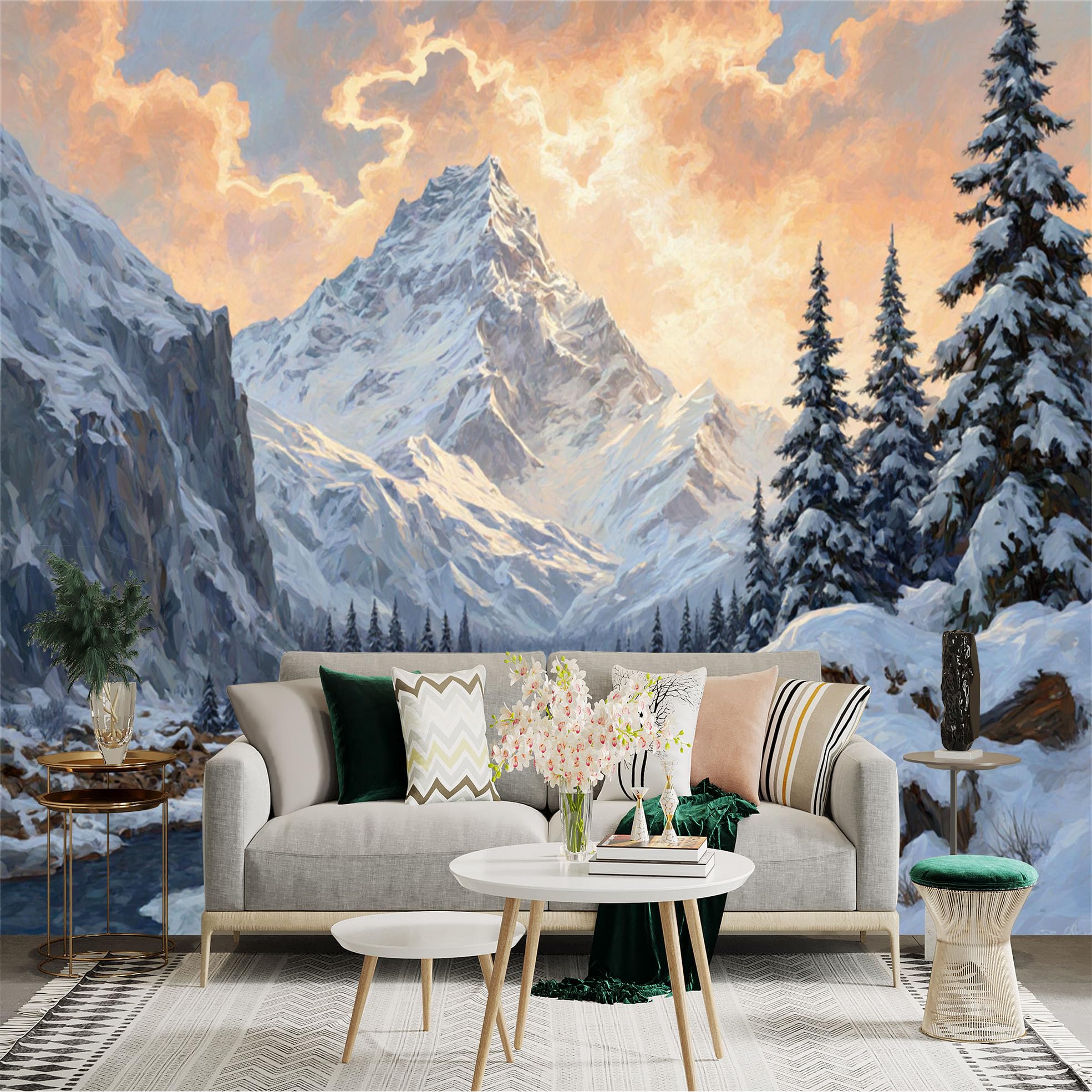 Lnzczhyre Xc260505133 Custom Size Wall Sticker Mural， Snow Capped Peak， Pine Trees， Winding Frozen River， Golden Sunset Sky， For Wall Decoration， Peelandstick Wall Decals.