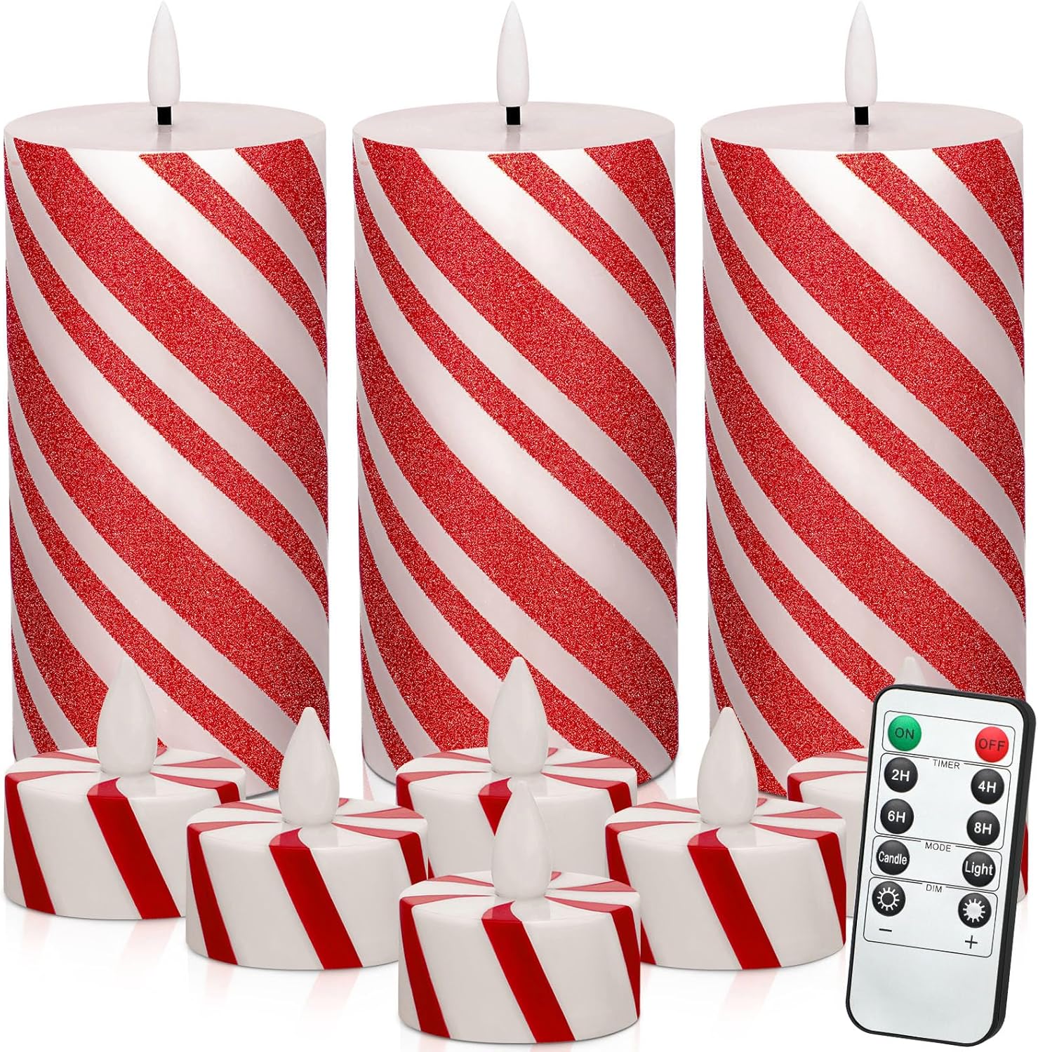 Baquler 9 Pcs Christmas LED Candy Cane Candles and Christmas Flameless Tea Lights Set 6 Inch Candy Cane Stripe Holiday LED Flameless Pillar Battery Operated Candles for Home Xmas Wedding Decoration