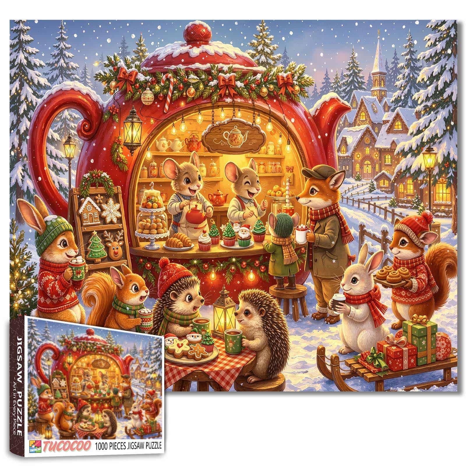 Christmas Tea Pot Café Puzzle Snowy Village 1000 Pieces Animals Winter Wonderland Puzzle for Adults — image 1