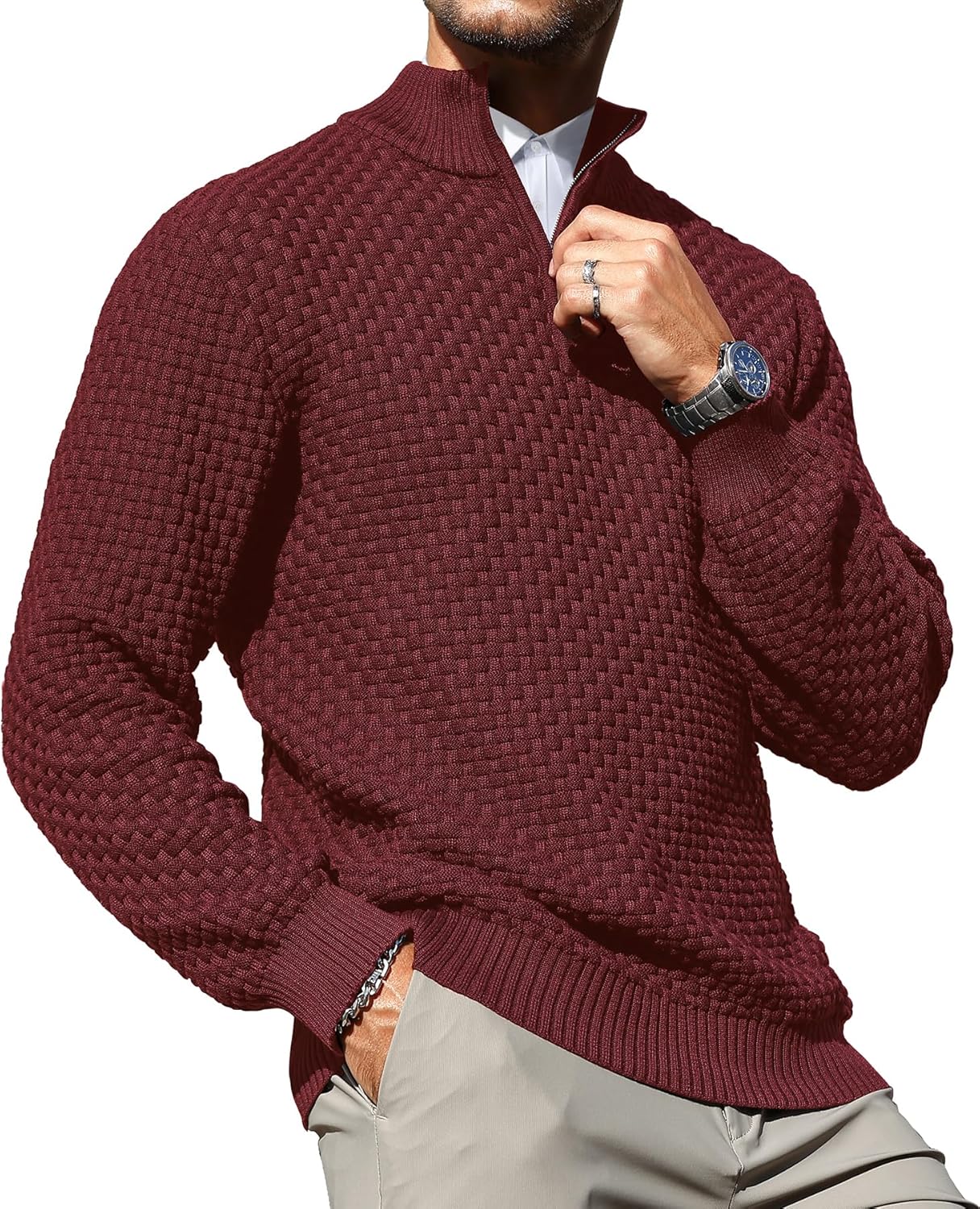 Zaitun Men's Quarter Zip Sweaters Polo Zip Up Pullover Waffle Knit Mock Neck Turtleneck