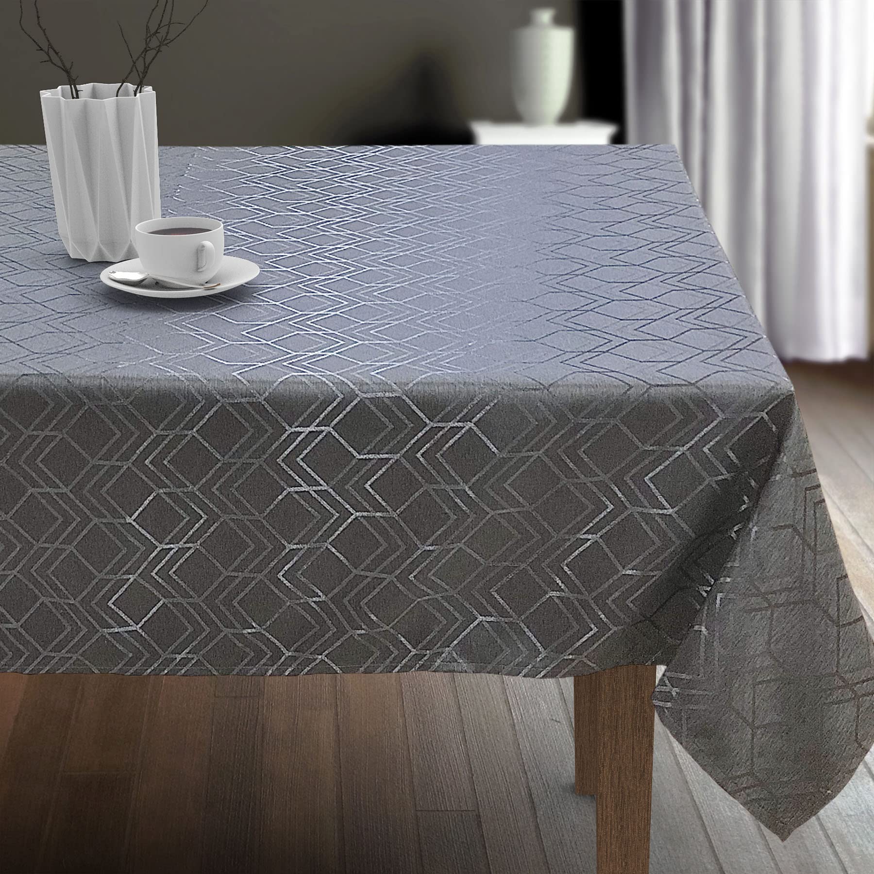 CAIT CHAPMAN HOME COLLECTION Shimmering Geometric Woven Easy-Care Tablecloth (60"x120" Tablecloth, Gray)