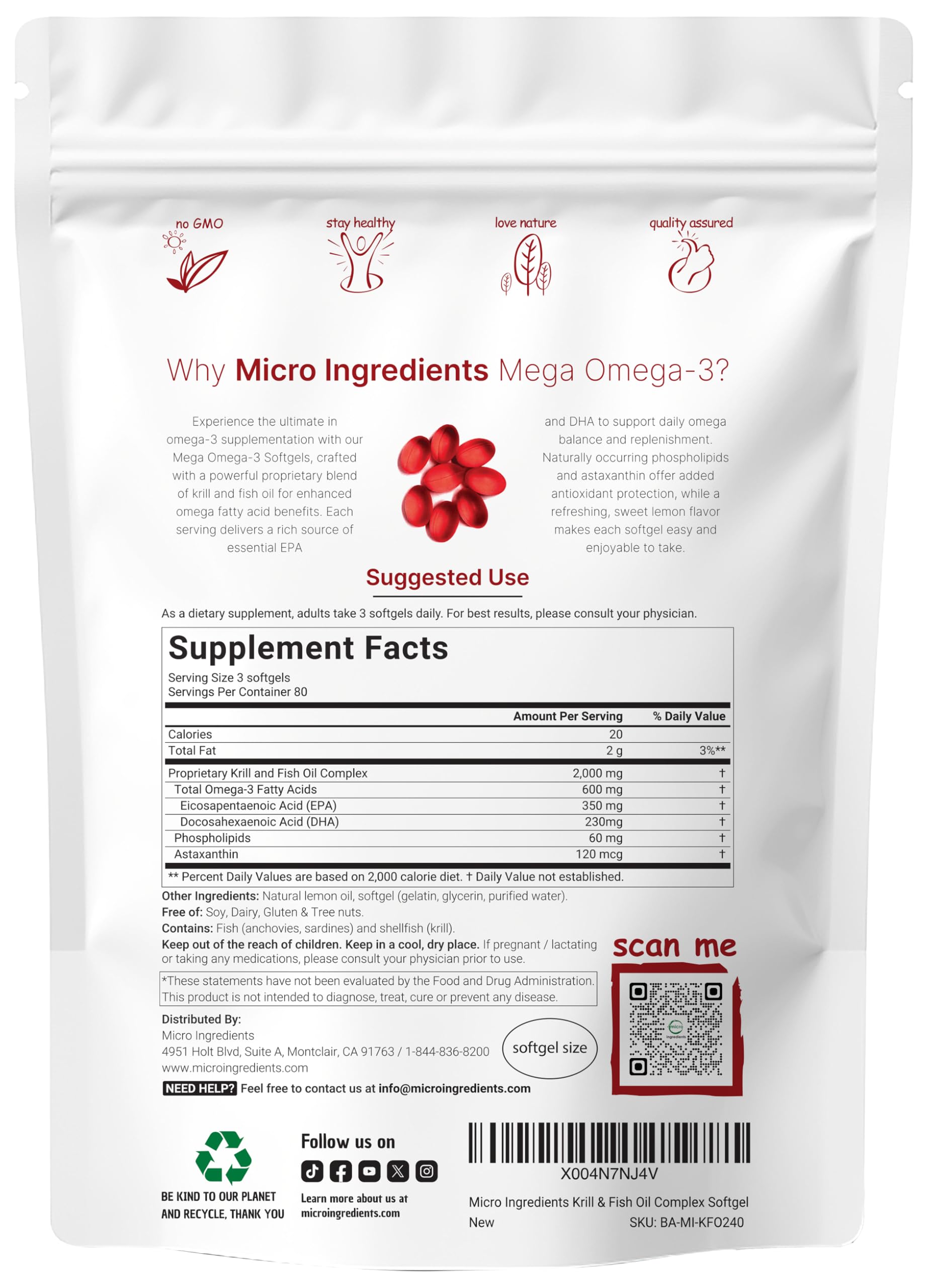 Mega Omega-3 Krill & Fish Oil 2,000mg Equivalent, 240 Softgels | Lemon Flavored | Burpless | Essential Fatty Acids & Astaxanthin | EPA 350mg + DHA 230mg | Heart & Brain Supplement — Amazon image 2