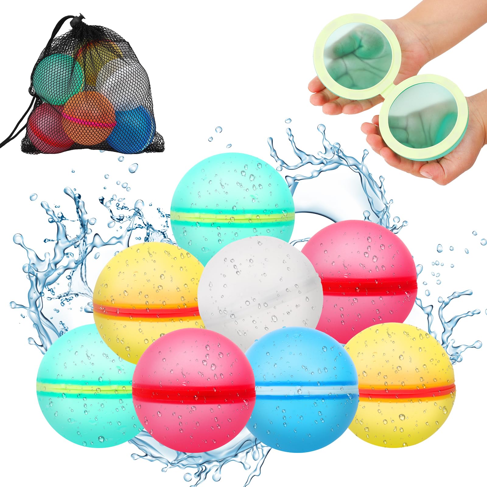 8 Pack Reusable Water Balloons，Quick Fill Self-Sealing，Refillable Silicone Splash Water Balloons with Mesh Bag，Summer Party Pool Outdoor Toys