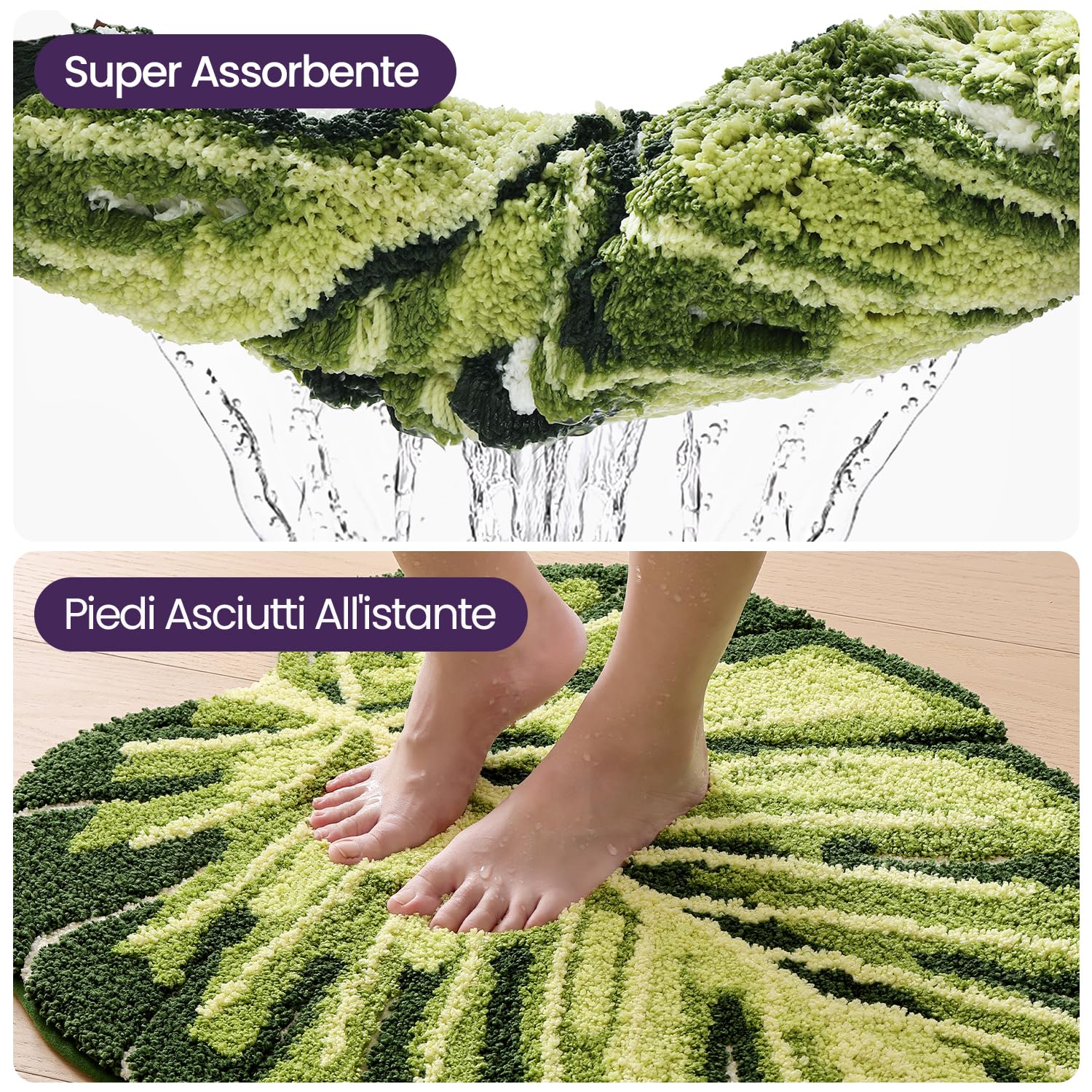 DEXI Tappeto Bagno Antiscivolo 80 x 120 cm, Tappetino Bagno Super Assorbente con Motivo Foglia di Monstera, Lavabile in Lavatrice, Decorazione Tropicale per Doccia, Verde