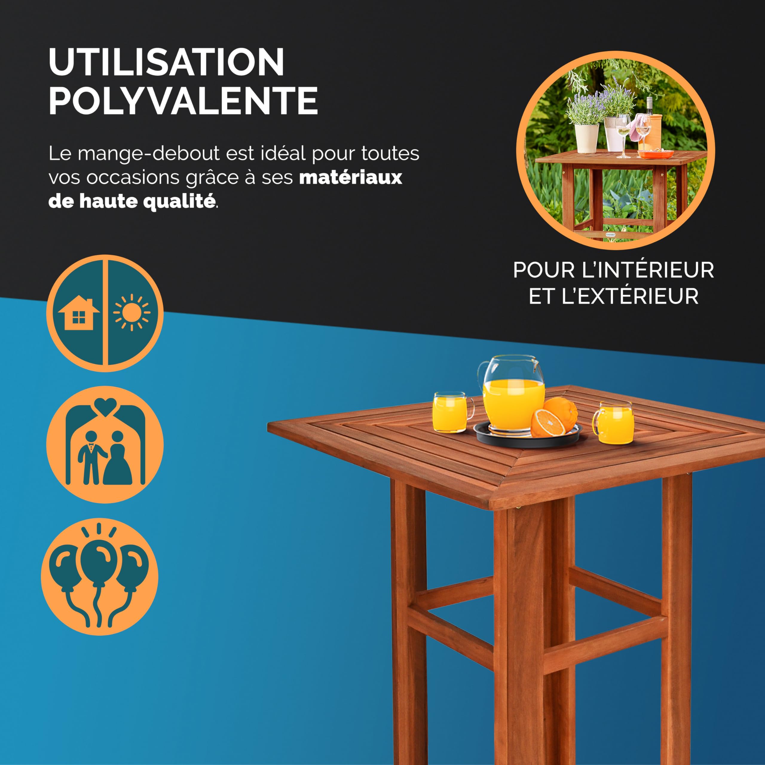 Casaria Table Haute carrée en Bois d'Acacia 75x75x110cm Mange-Debout Table en Bois extérieur Jardin terrasse évènement