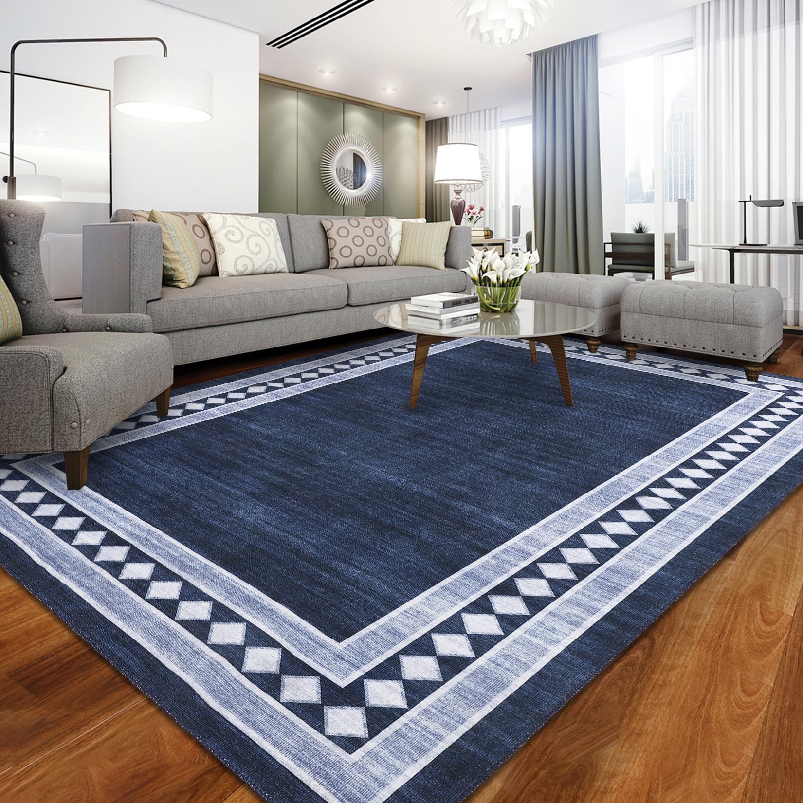Large Rug 9x12 Washable Rugs Solid Rugs Bordered Rugs Modern Geometric Boho Rug, Non-Slip Rugs for Living Room, Indoor Outdoor Rug Foldable Area Rug 9x12,Navy Blue