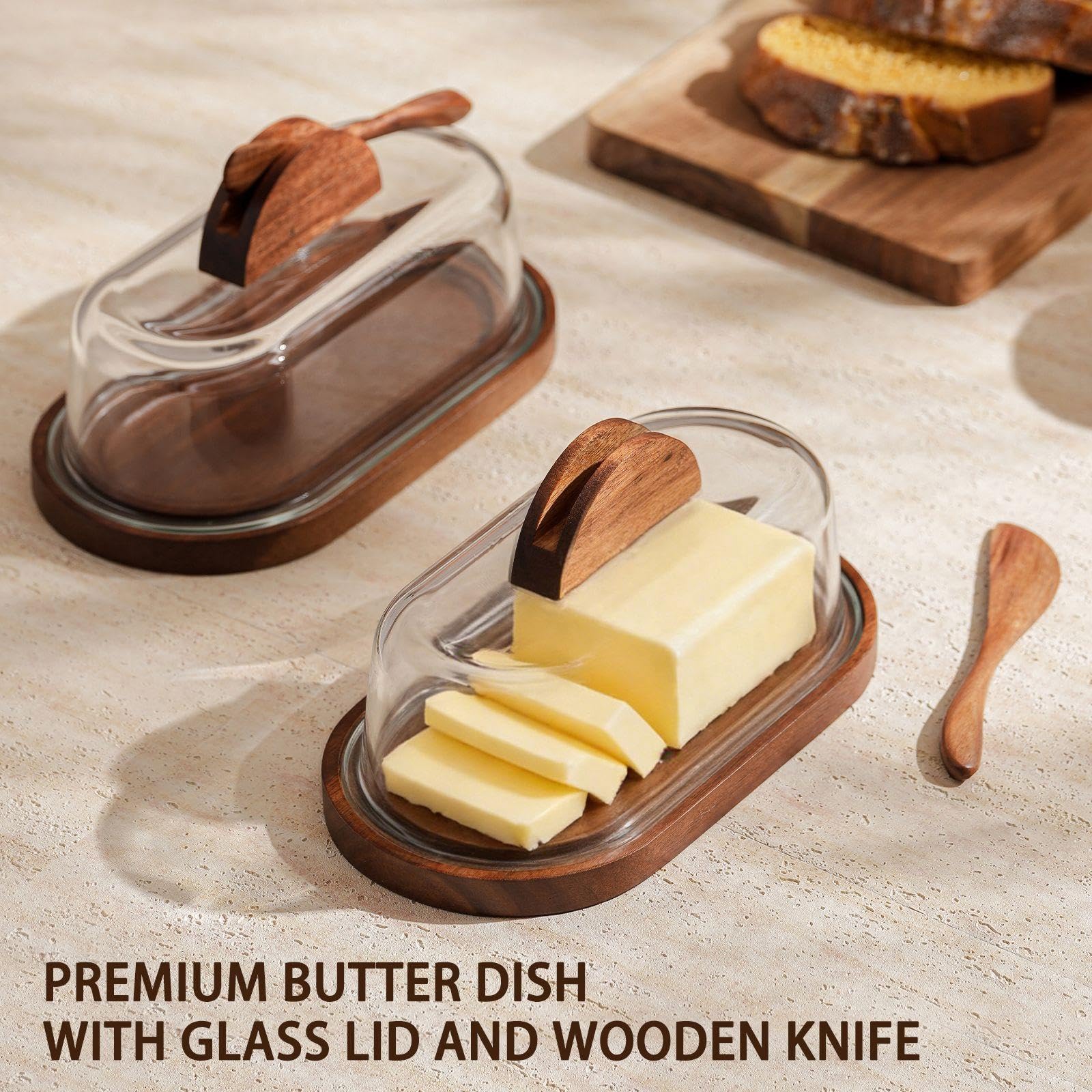 Butter Dish Vassoio Porta Burro Rettangolare con Coperchio Vetro E Base Legno Organizzatore Cucina per Conservare Formaggio E Dolci Scatola per