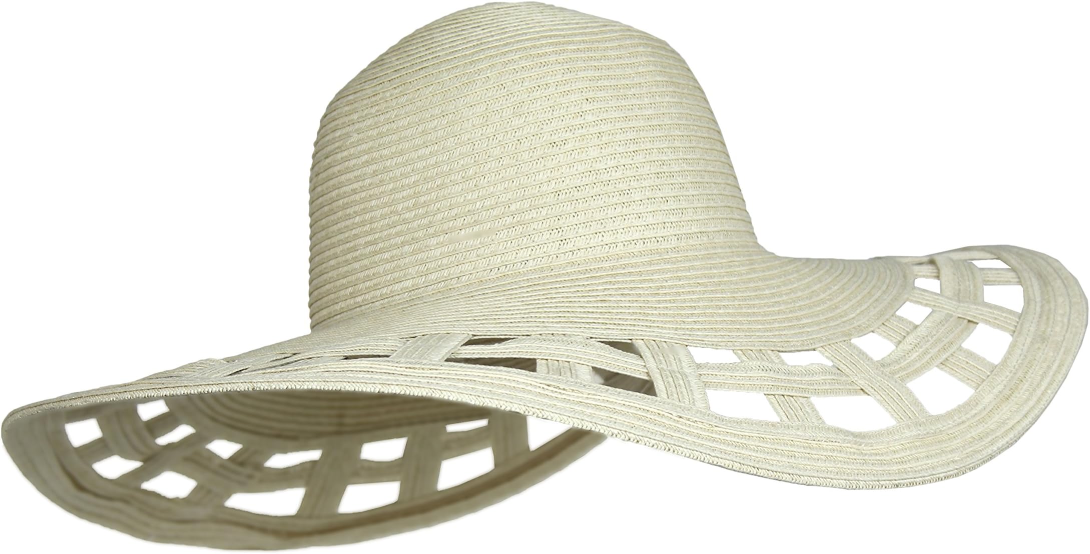 Cute Straw Derby Sun Hat w/Square Cut-Outs, Wide Brim Floppy Beach Cap