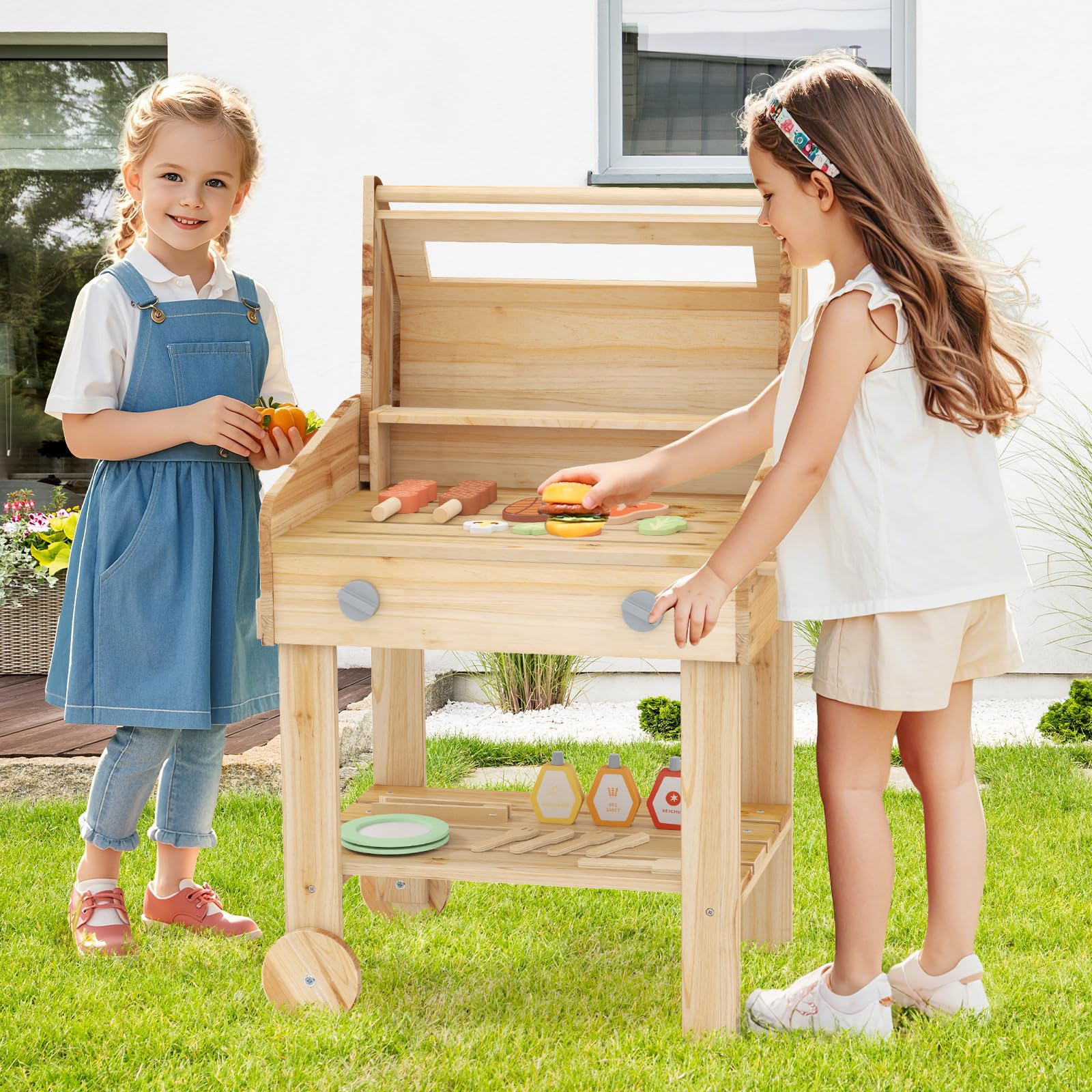 HOMASIS Cuisine de jouet d'extérieur pour barbecue avec ustensiles de barbecue et pots d'épices, ensemble d'imitation de cuisine pour enfants de 3 ans et plus, 53 x 36 x 63 cm, naturel