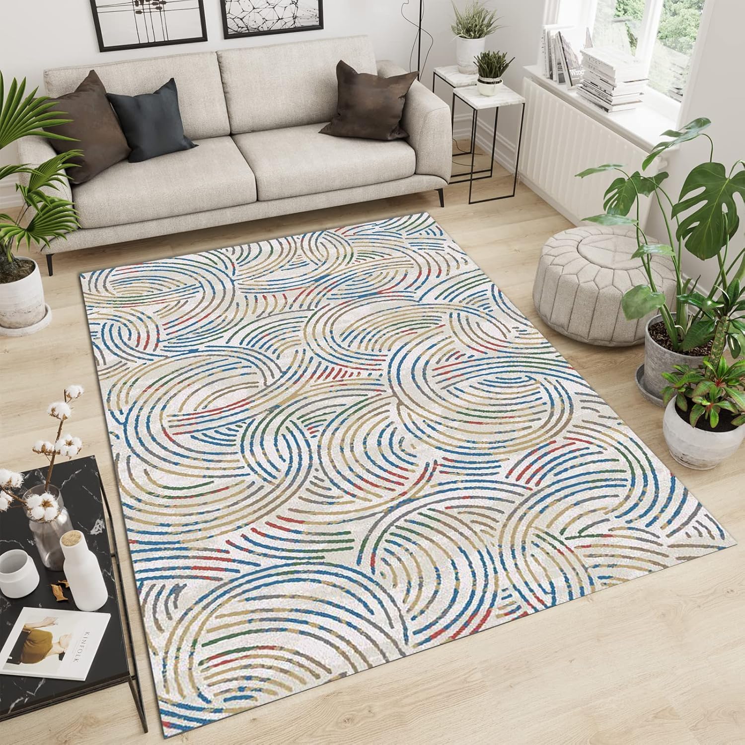 Trendy Color Line Half Circle Area Rugs, Blue Red Washable