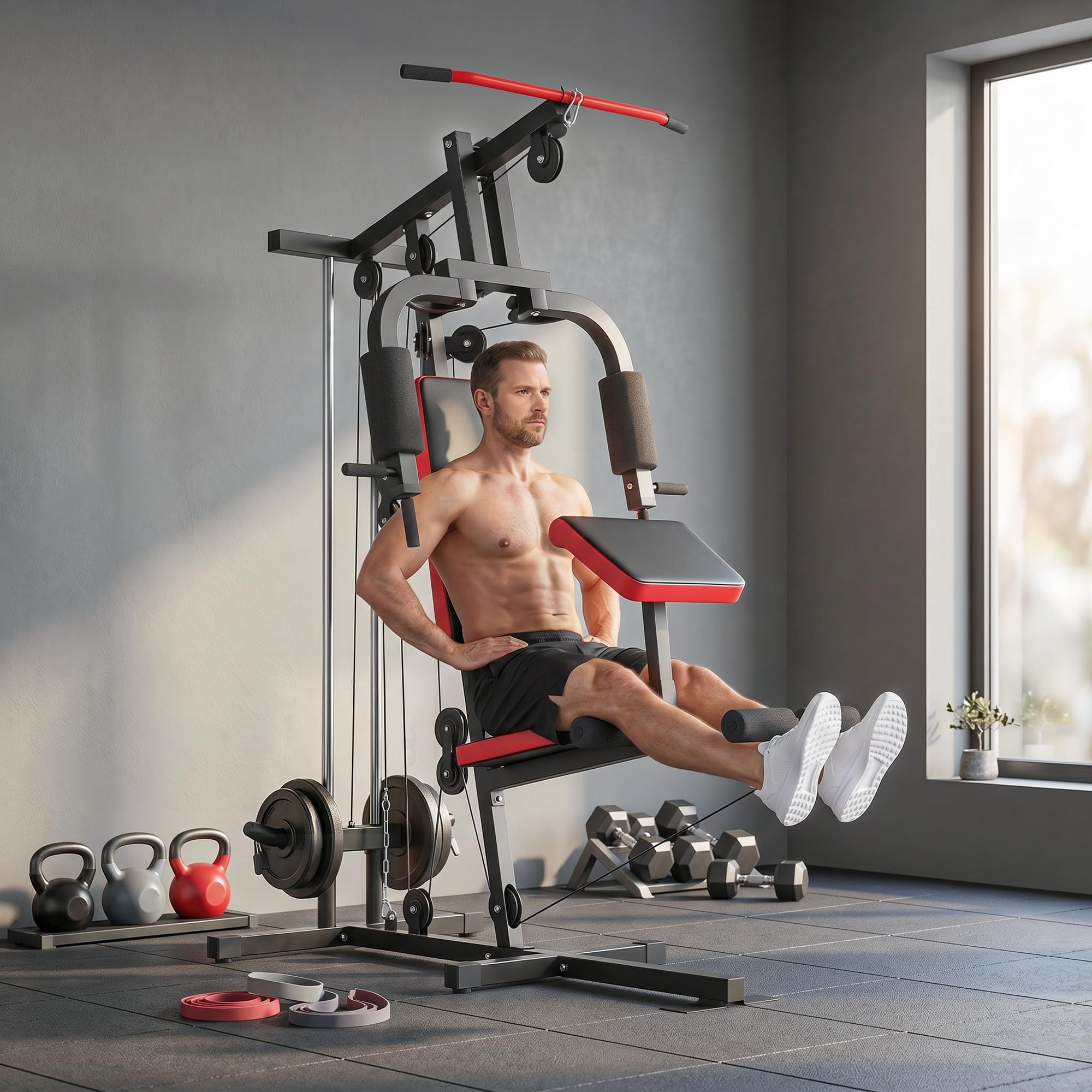 SPORTNOW Multiestación Musculación, Máquina de Musculación con Polea Alta y Baja, Prensa de Pecho, Curl de Piernas y Bíceps, Mariposa, Compatible con Discos 25 y 50 mm Carga 120 kg para Gimnasio Casa