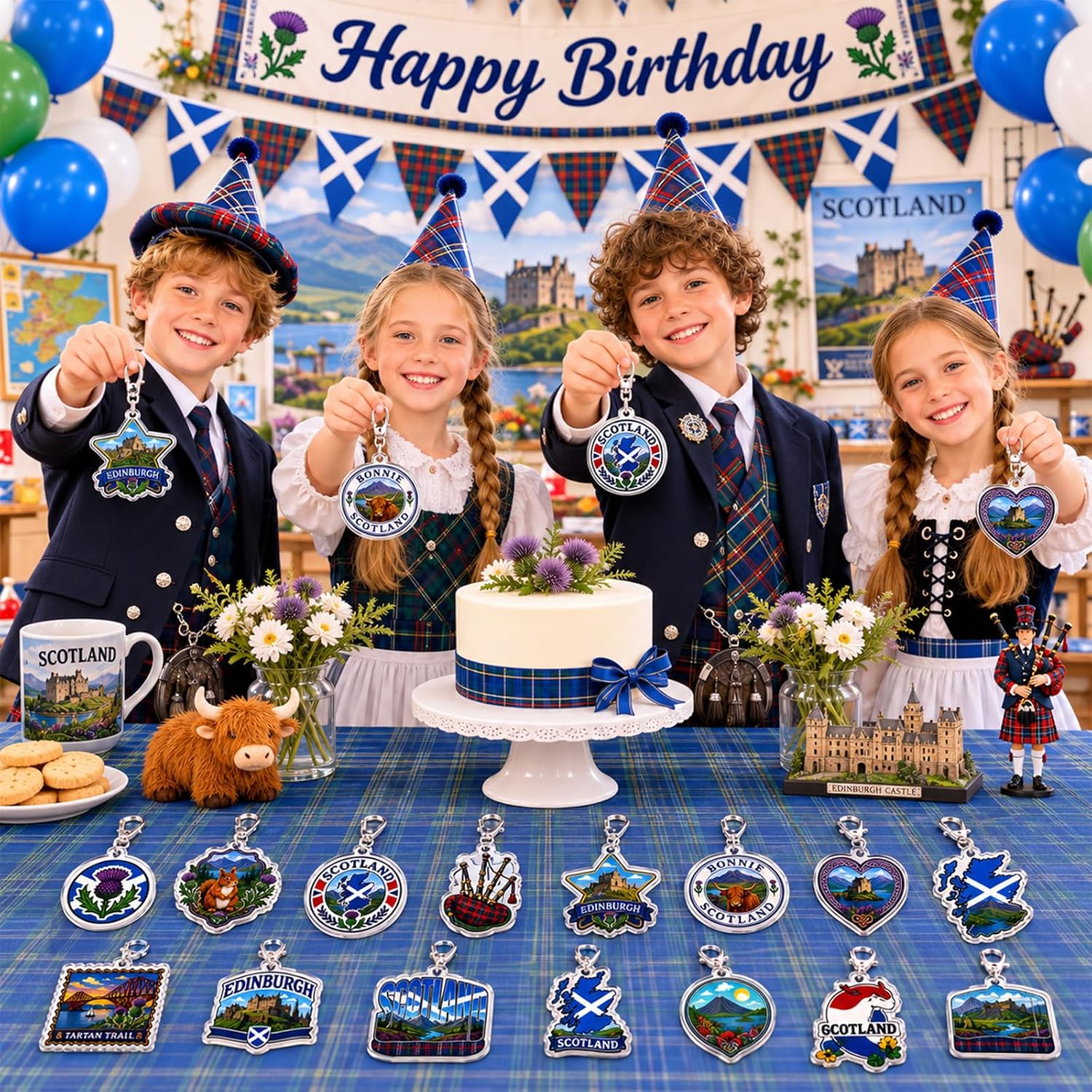 12Pcs Scotland Keychains Souvenirs Scottish Travel Acrylic Keyrings Set with Edinburgh Castle Highland Cow Thistle Bag Charms Travel Birthday Party Favor Gifts