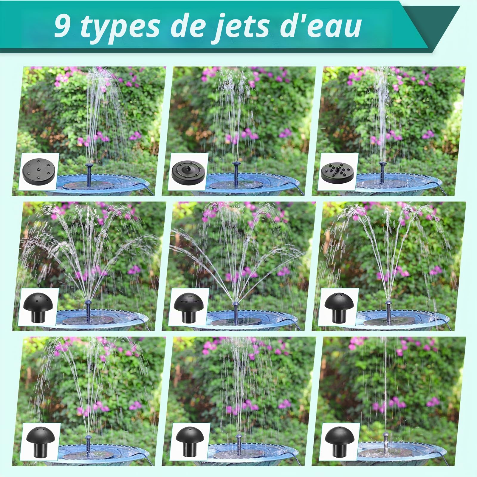 Clevich 6,5W Fontaine Solaire, Pompe à Eau Solaire, avec Tuyau d'eau de 1 m, Câble de 3,25 m, pour Bassins à Poissons, Petits Bassins, Cascades, Pots de Fleurs, Fontaines Décoratives