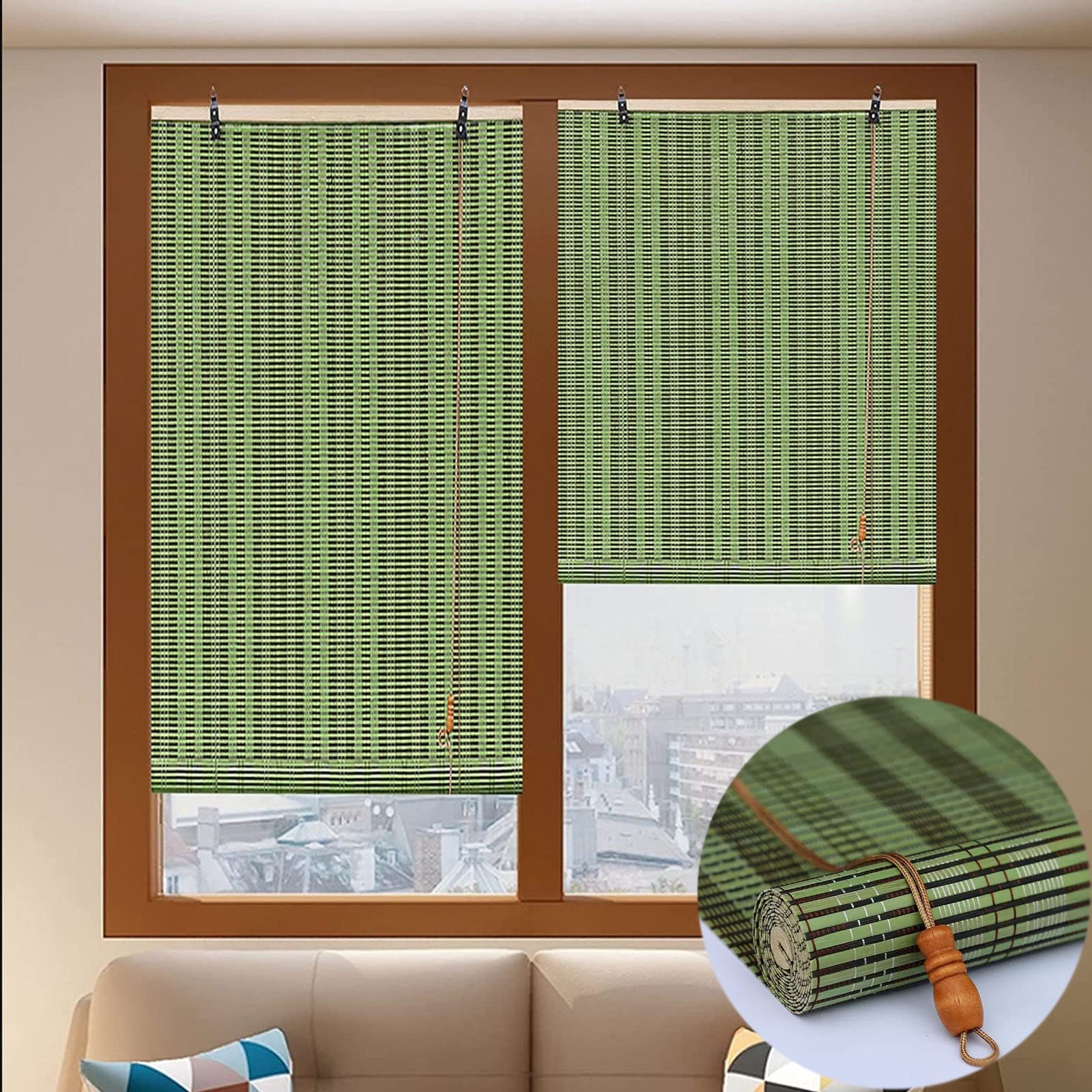 Tenda avvolgibile in bambù per esterni, con accessori, tende naturali per finestre, per protezione solare, facile da mantenere (arancione/blu/verde)