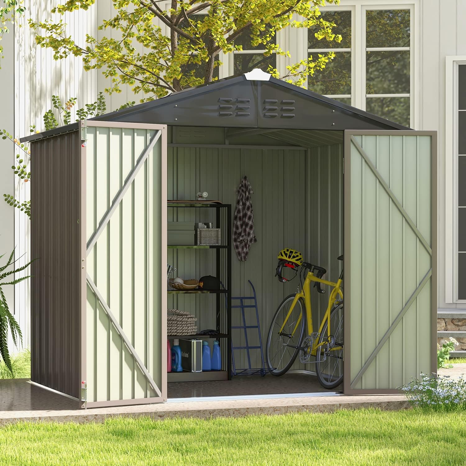 Patiowell 8x6 FT Outdoor Storage Shed, Metal Tool shed & Outdoor Storage with Lockable Doors & Air Vents, for Backyard Garden Patio, Brown