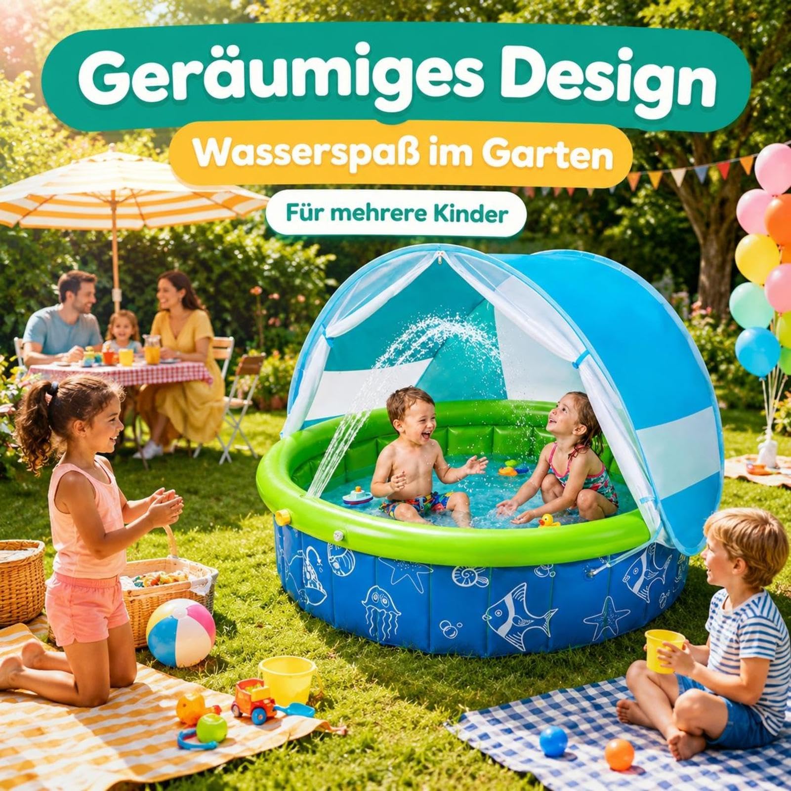 Kinderpool Mit Sonnendach - Faltbares Planschbecken | UV Schutzdach | 100 X 100 X 30 Cm - Faltbar Mit Tragetasche | UV Schutz Und Sichtfenster | Für Garten Camping Park Und Reisen