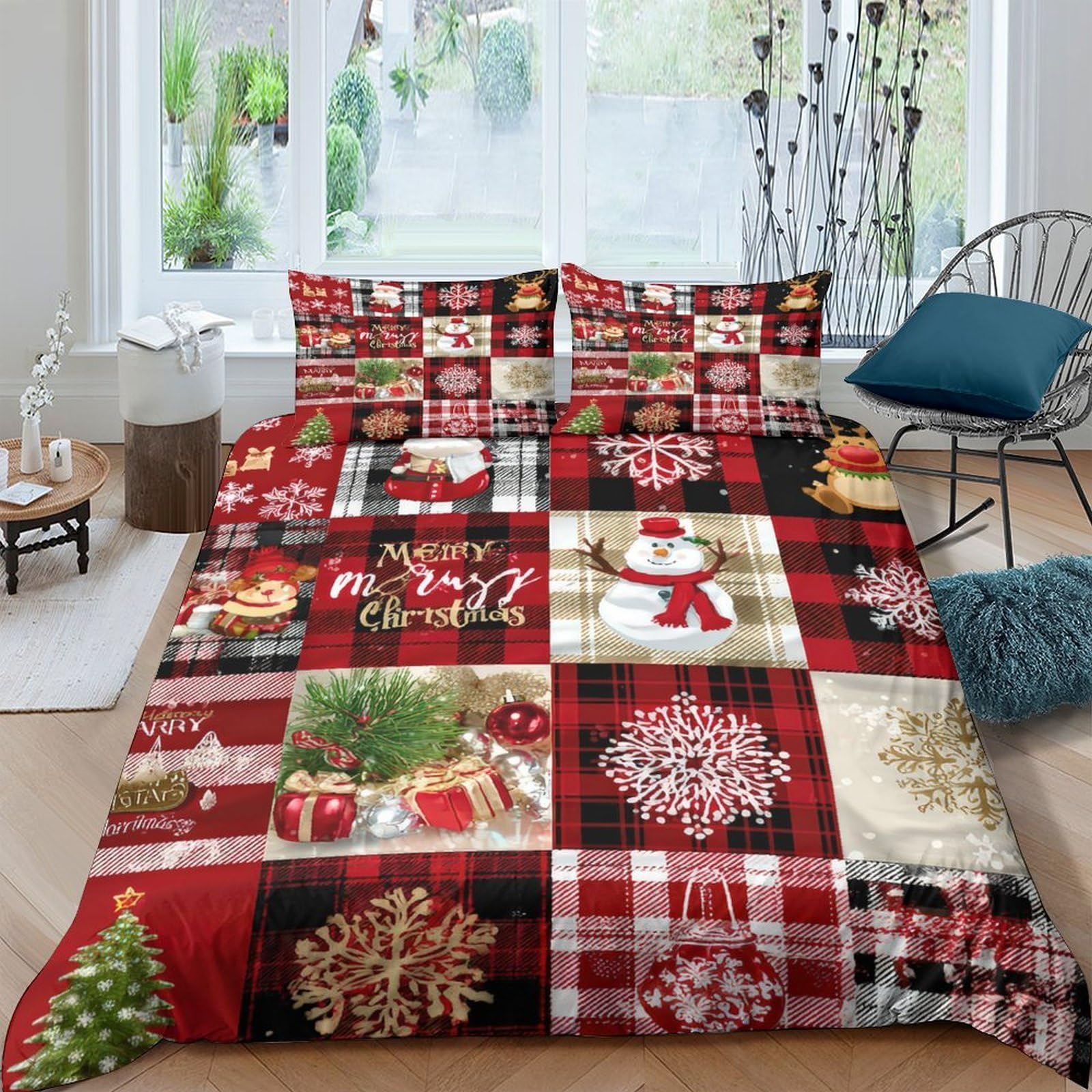 GPLZQXKJNH 3D Printed Christmas Patchwork Duvet Cover Set Microfiber Soft Breathable Snowman Quilt Cover with 2 Pillowcases for Bedroom Home Décor Single（135x200cm）