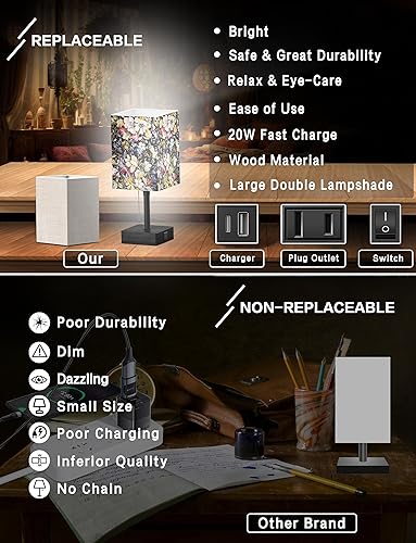 Miniatura 6 de Lámparas de mesa para dormitorio, pequeña lámpara de mesita de noche con puerto USB y tomas, luces decorativas de flores para sala de estar,