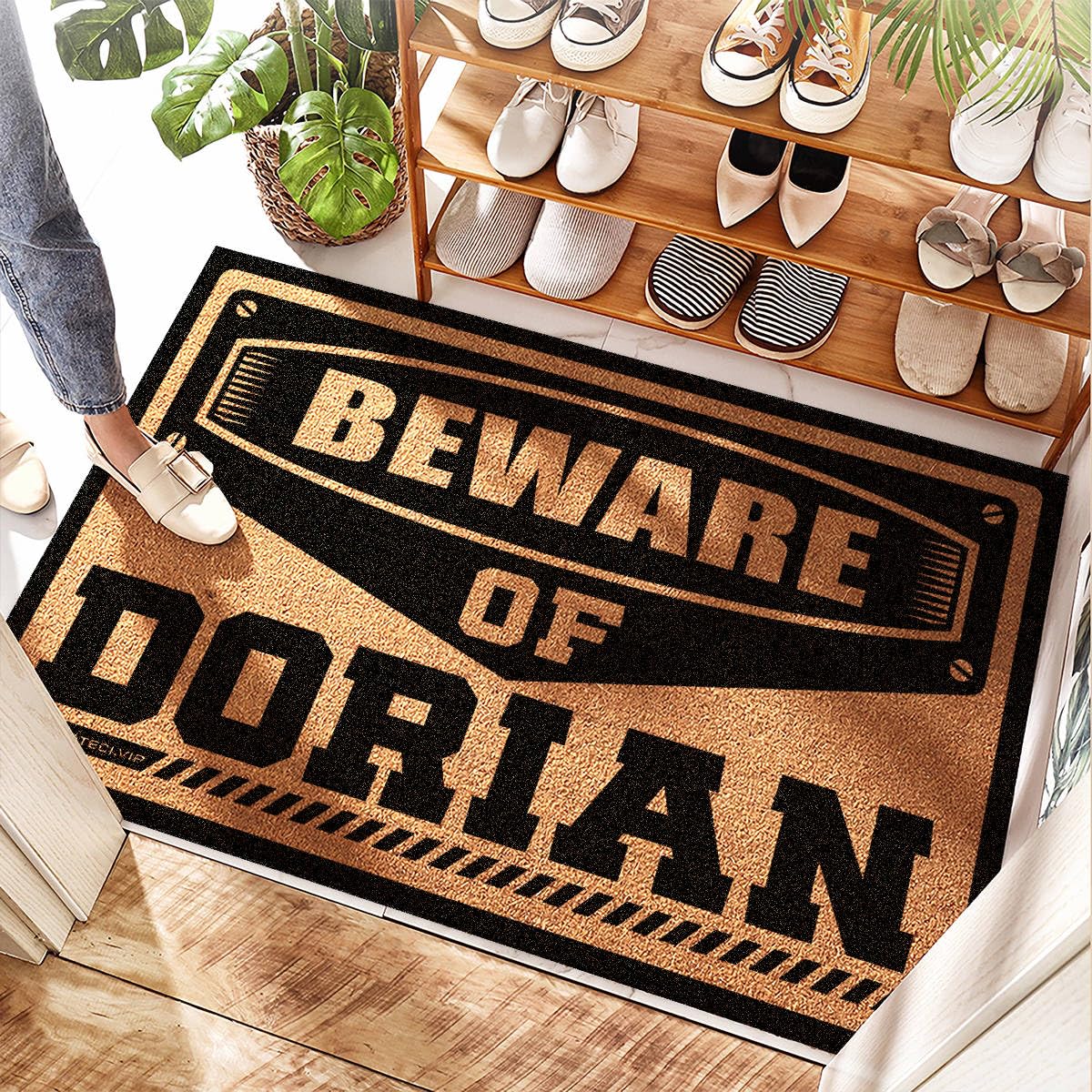 Paillasson Beware Of Dorian antidérapant en jute pour l'entrée de cuisine 65x90 cm