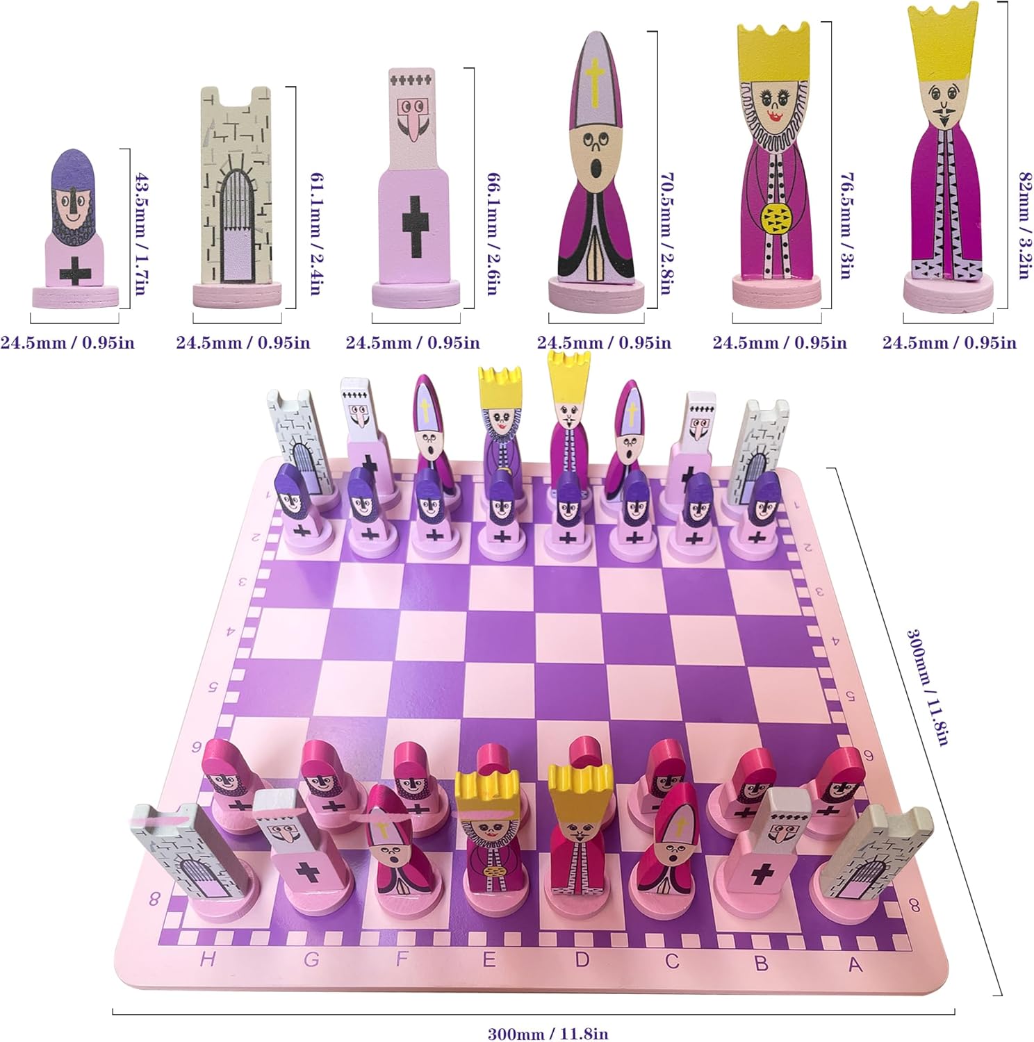 Cartoon Chess Set for Kids: JORMONY 11.8" Pink Chess Board Themed Chess Kids Chess Sets for Beginners No Stress Chess Wooden Board Games Educational Toy Boys Girls for Family School