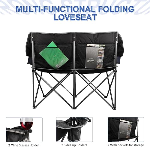 Miniatura 5 de Silla de campamento doble de gran tamaño, resistente para 2 personas, sofá de campamento plegable para adultos, sillas de césped portátiles al aire
