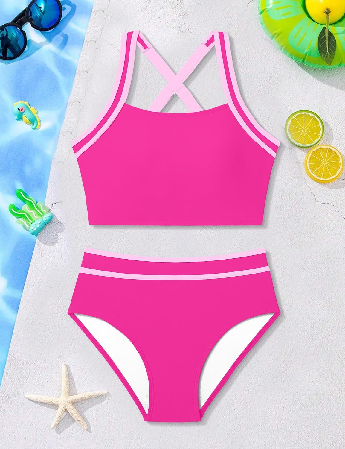 CRISONE Girls Swimsuit 2 Piece Bikini Sets Sporty Cross-Back Bathing Suit Color Block Beach Pool Swimwear 9-16T