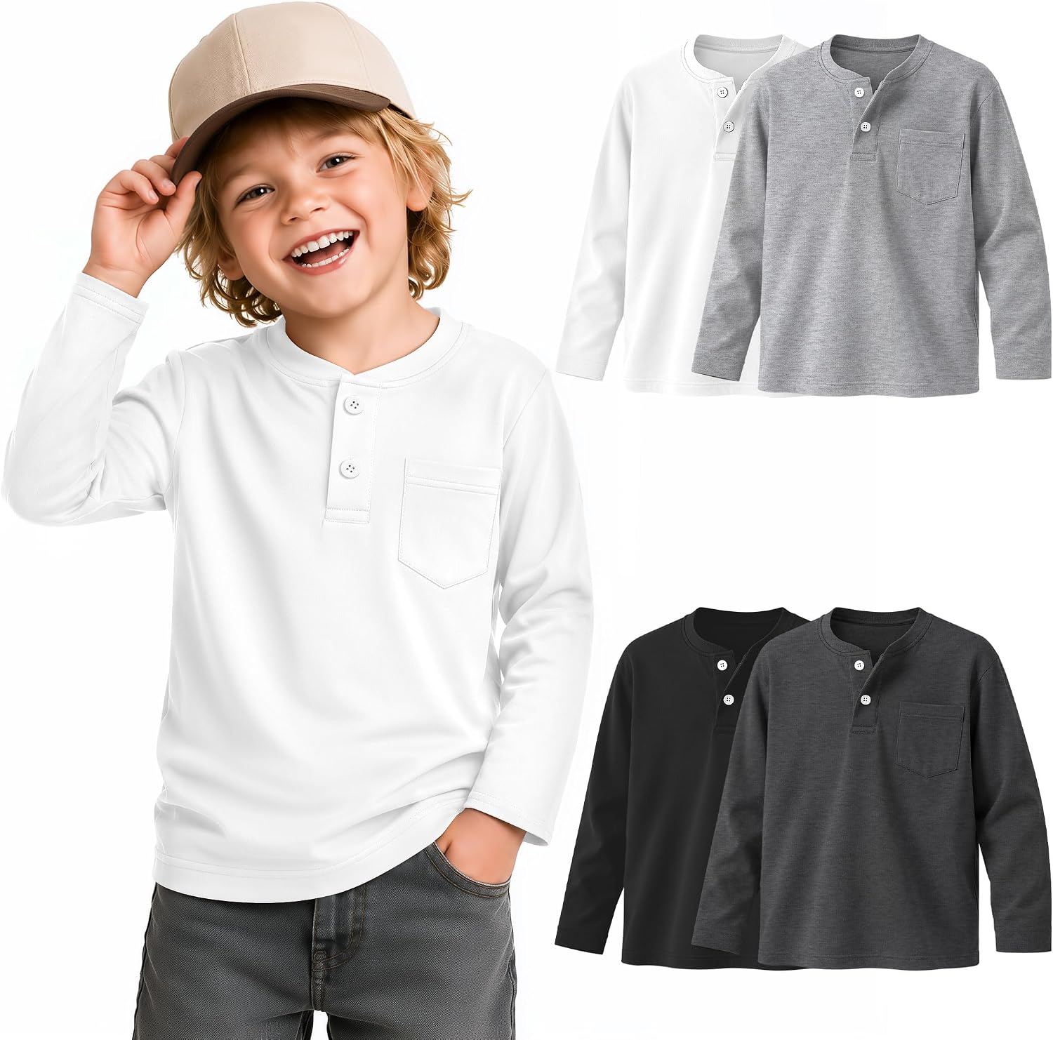 4 Pack Toddler Boys Long Sleeve Henley Shirts