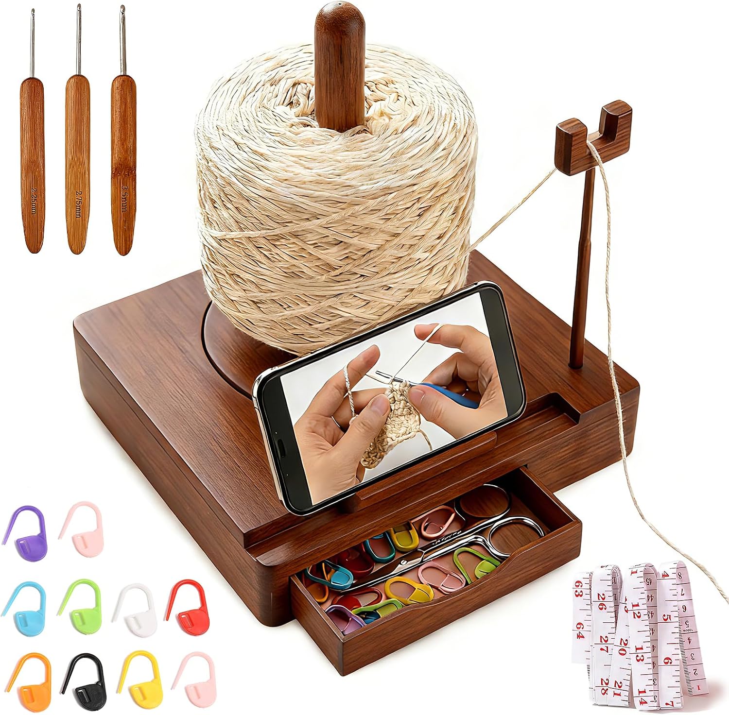 Wooden Yarn Holder: Smooth Rotating Yarn Stand with Knitting Accessory Storage and Phone Stand Function. Includes 10pcs Stitch Markers, Ideal for Crochet and Knitting Enthusiasts. (Walnut Color)