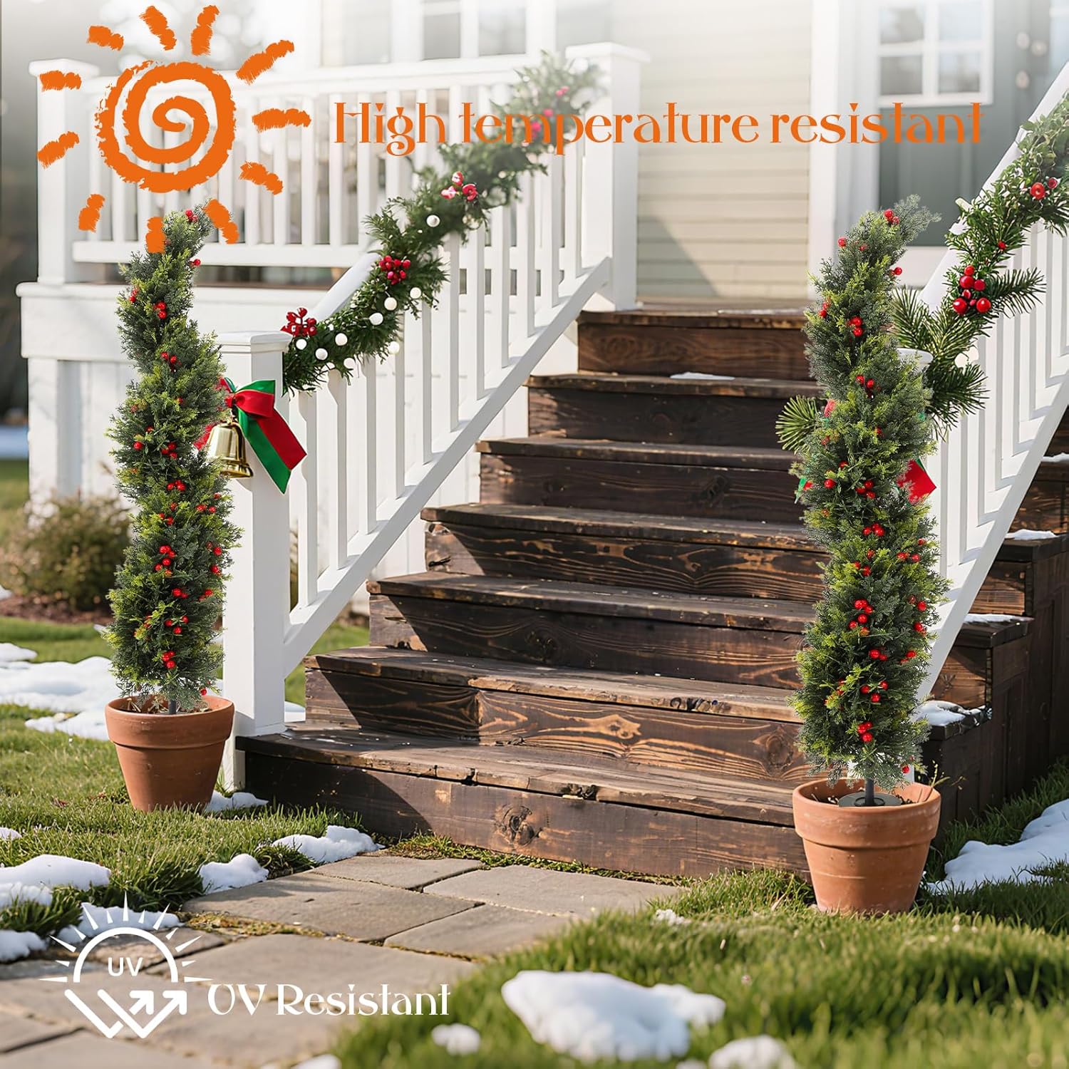 Yunlly 4 ft Christmas Spiral Topiary Trees Set of 2, Real to Touch Cedar Christmas Trees Outdoor Porch Decor, Fake Cypress Shrubs with Spike Red Berries Planter for Entryway Yard Garden (4 ft, Vivid)