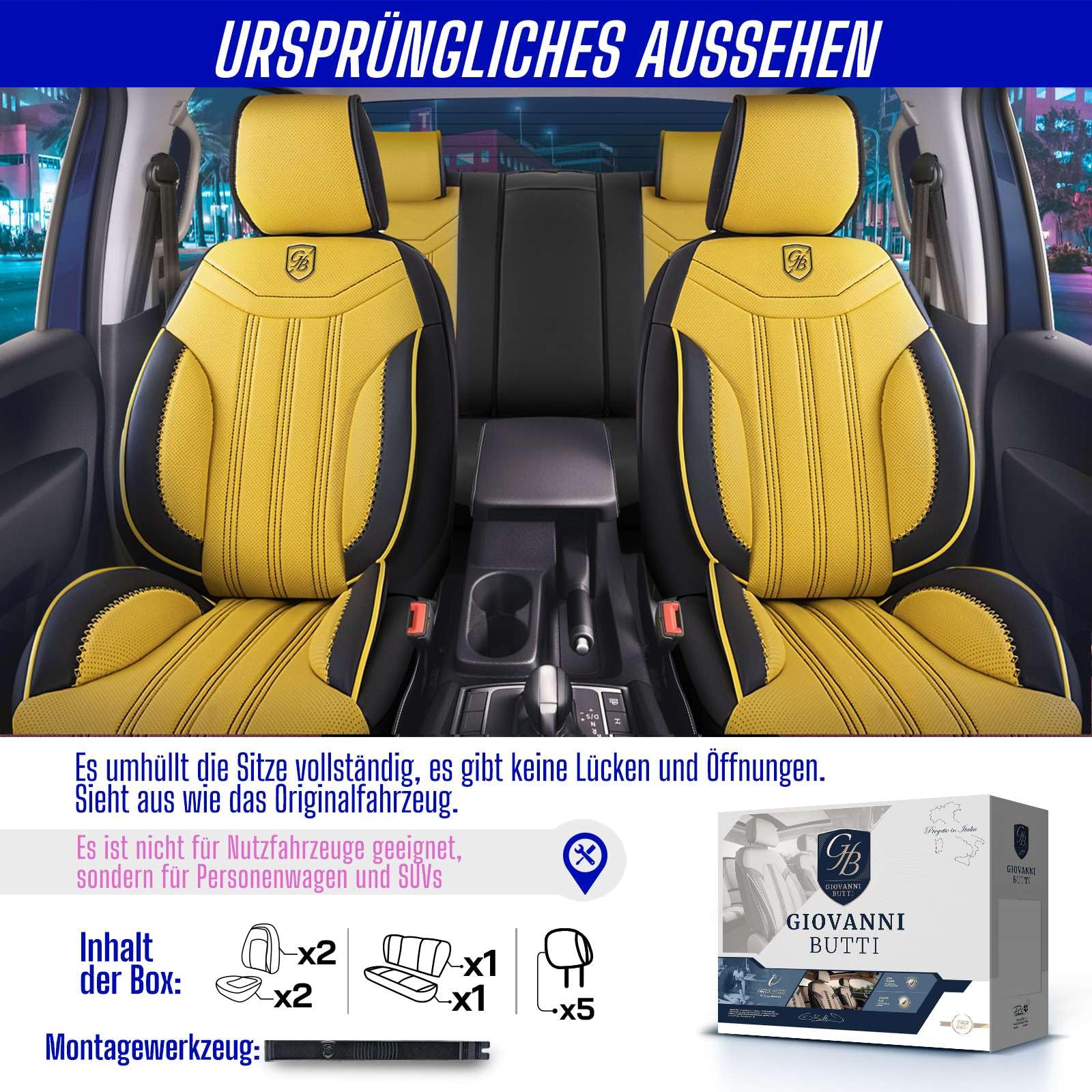 Autositzbezüge Universal für PKW & SUV – Premium Vordersitze Auto Sitzbezug aus Leder, Gelb-Schwarz, Airbag-Kompatibel Sitzauflage, Autoschonbezug, Komplett-Set inkl. Montageset
