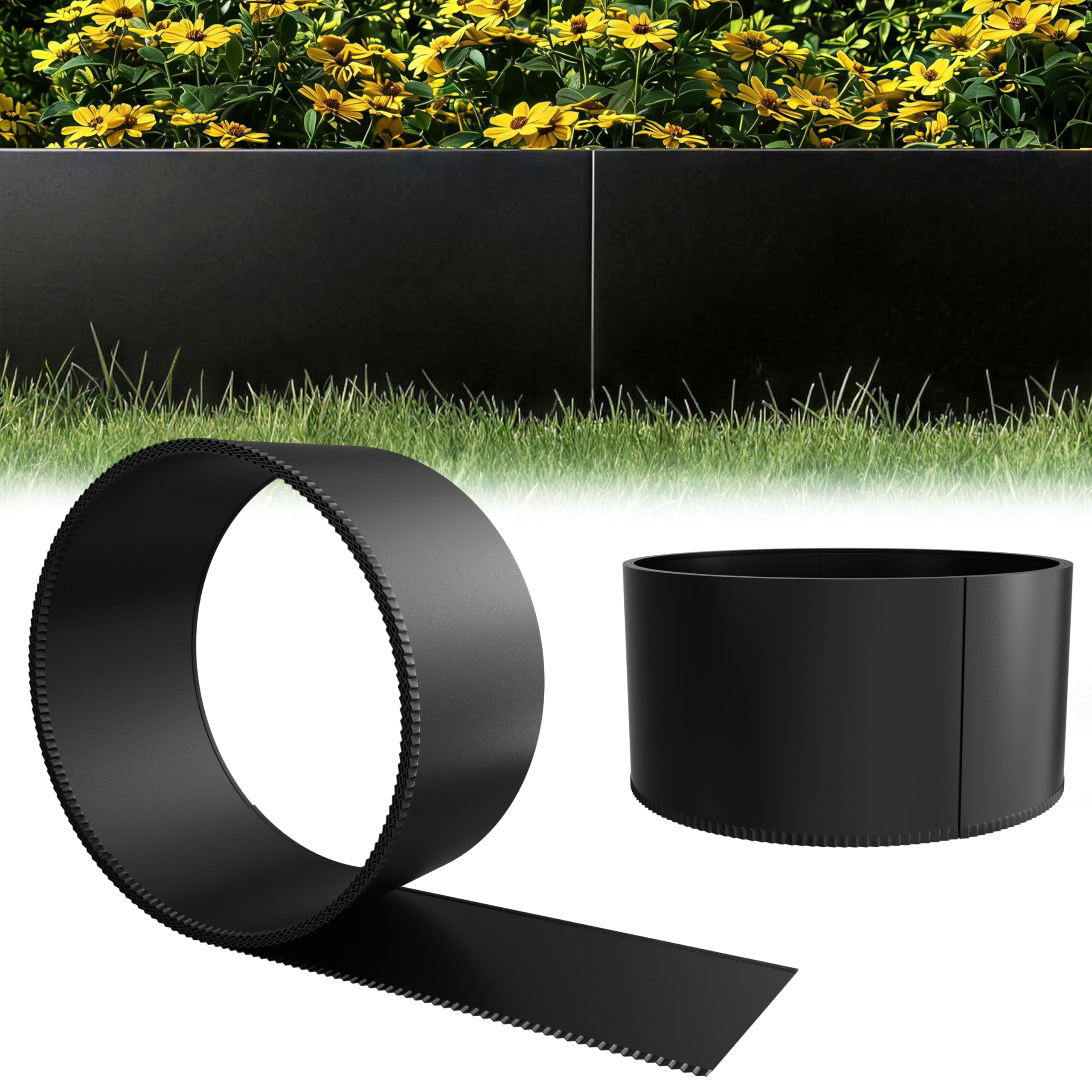 Aufun Metal Garden Border Edging - Rustproof No Dig Lawn Edging Strip, Weatherproof Landscape Divider for Flower Beds & Paths,15CM x 5M, Black