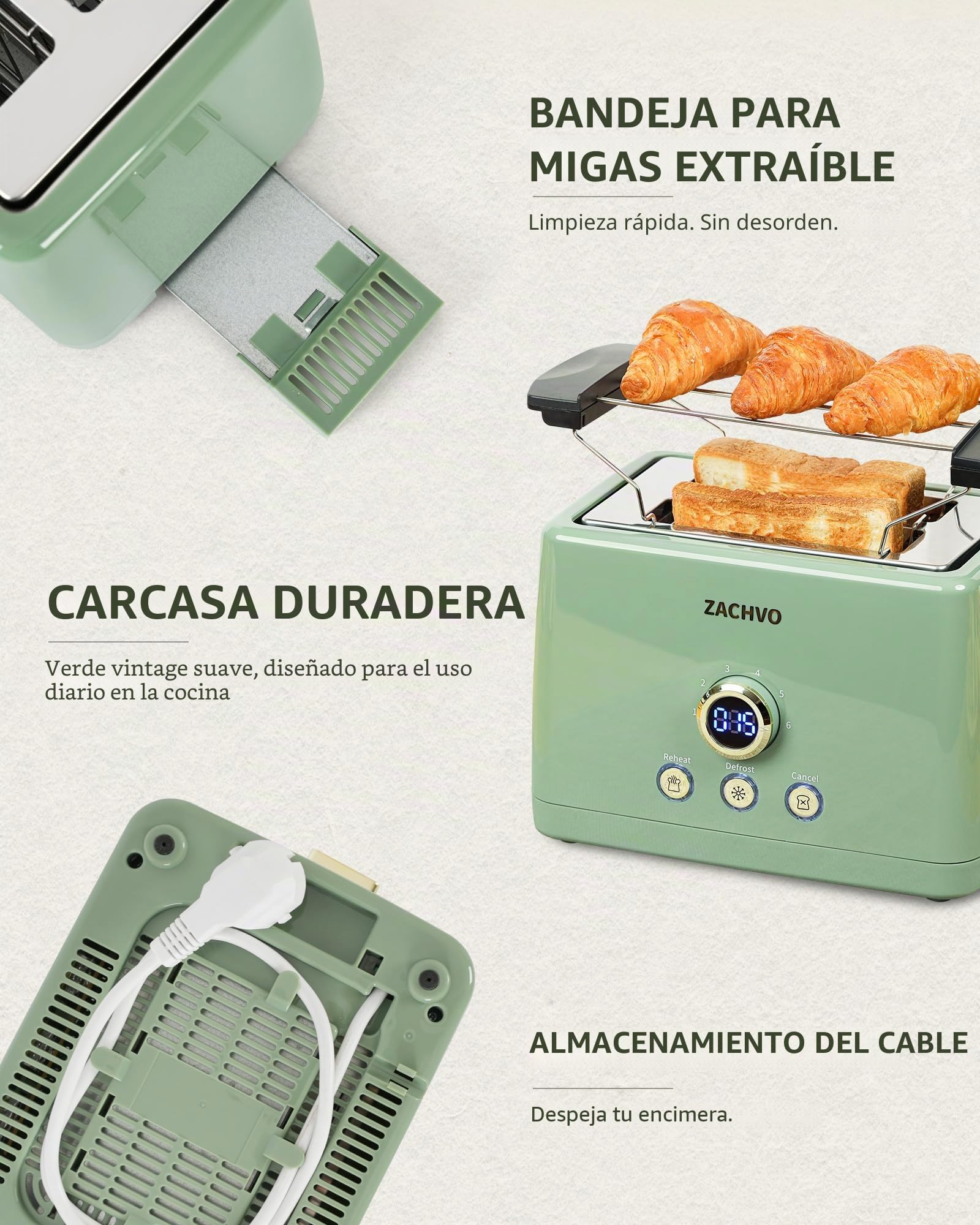 Tostadora Pan - 2 Rebanadas, 6 Niveles de Dorado, Ranura Ancha, Rejilla Calefactora, Verde